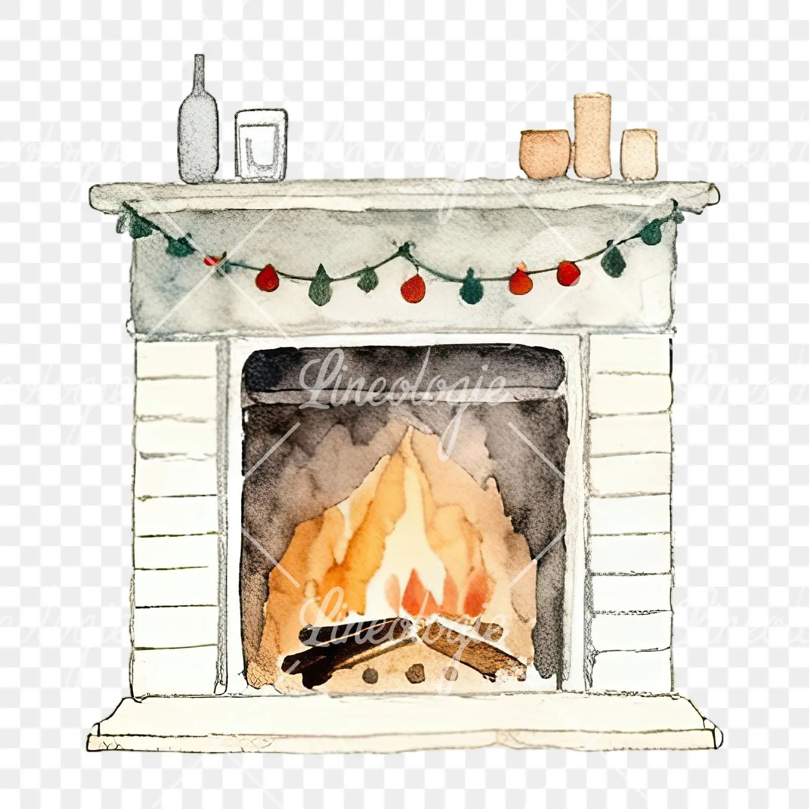 Watercolor fireplace with stockings clipart 2 of 9 on a transparent background (PNG)