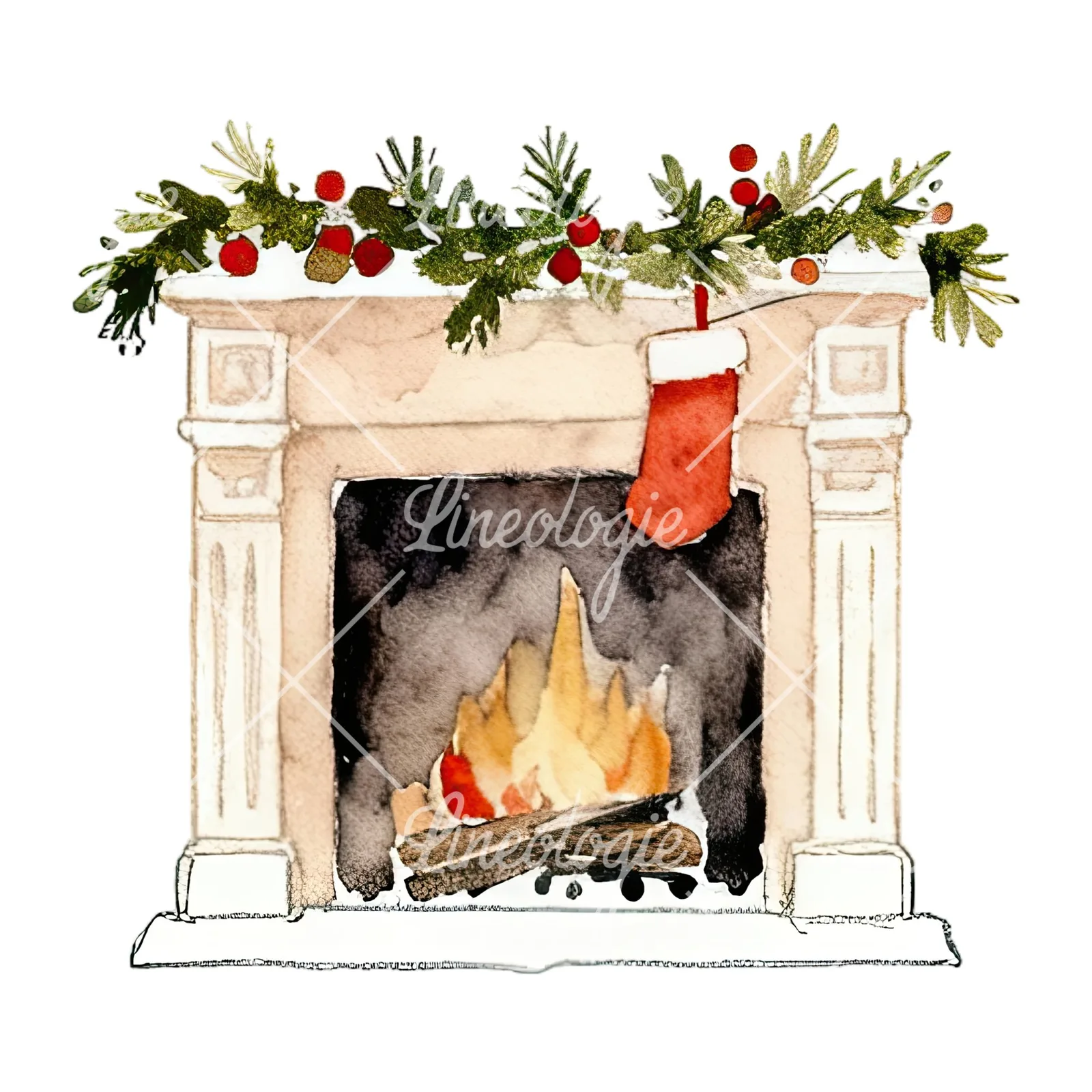 Watercolor fireplace with stockings clipart 3 of 9 on a white background (JPG)