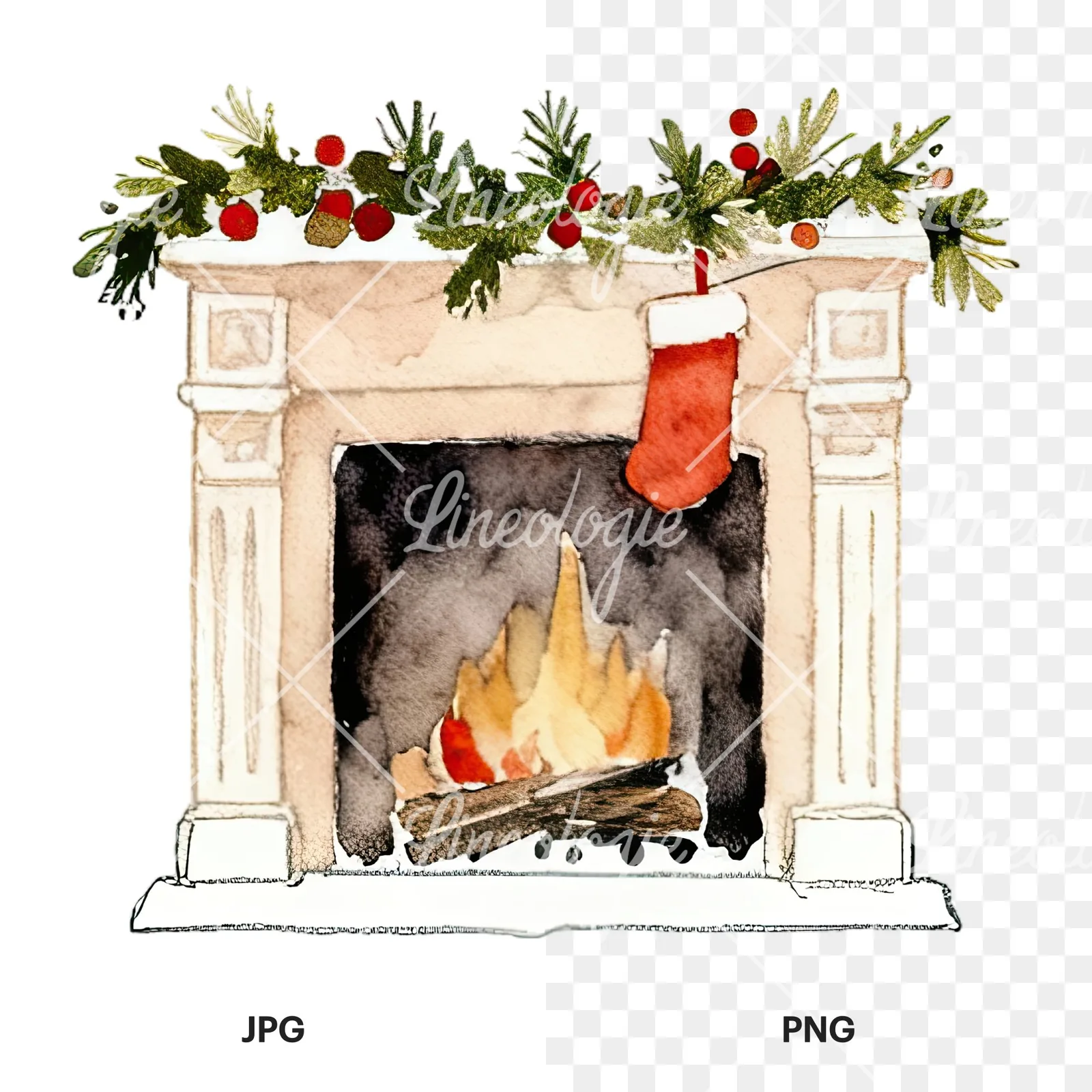 Watercolor fireplace with stockings clipart 3 of 9, as a JPG on white and a transparent PNG