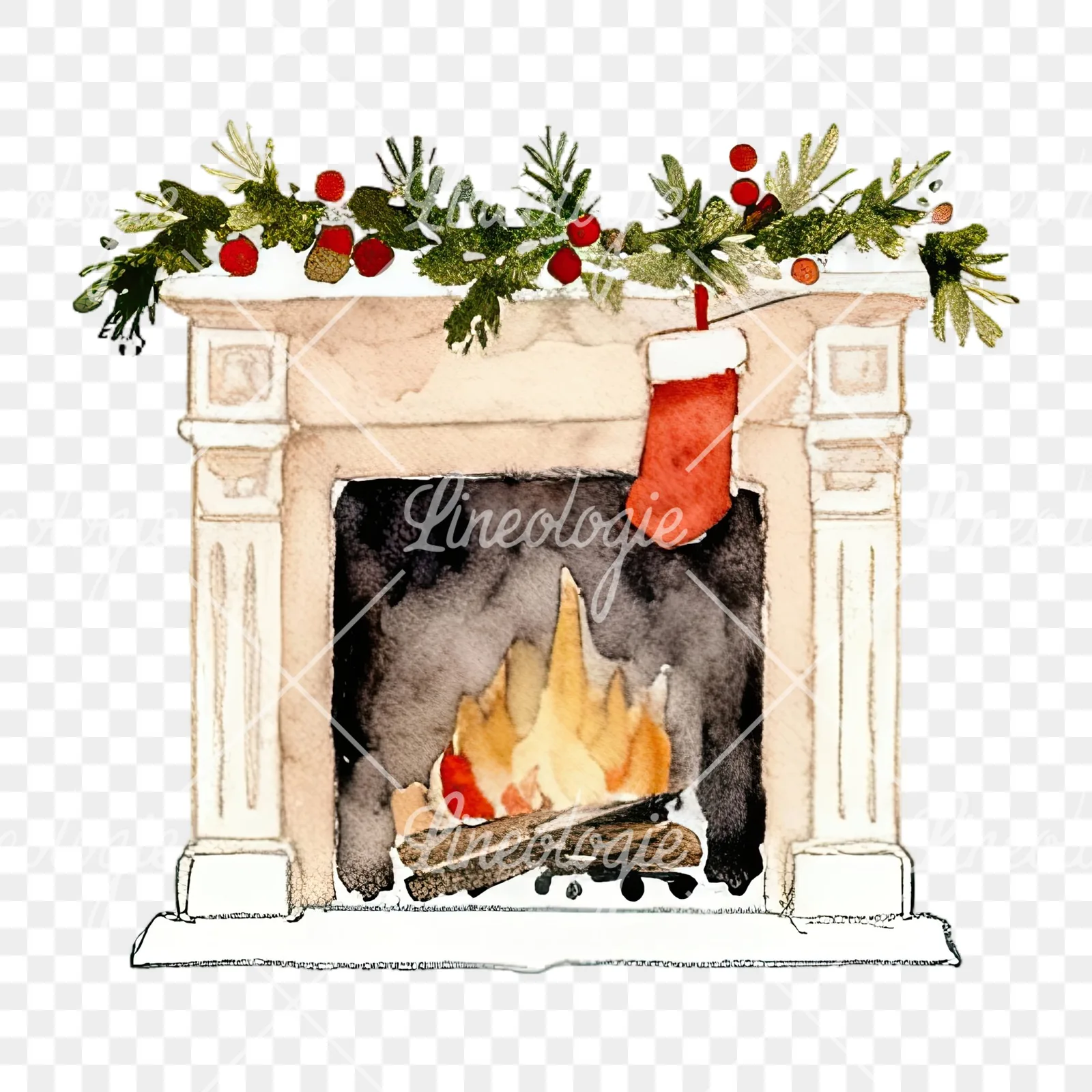 Watercolor fireplace with stockings clipart 3 of 9 on a transparent background (PNG)