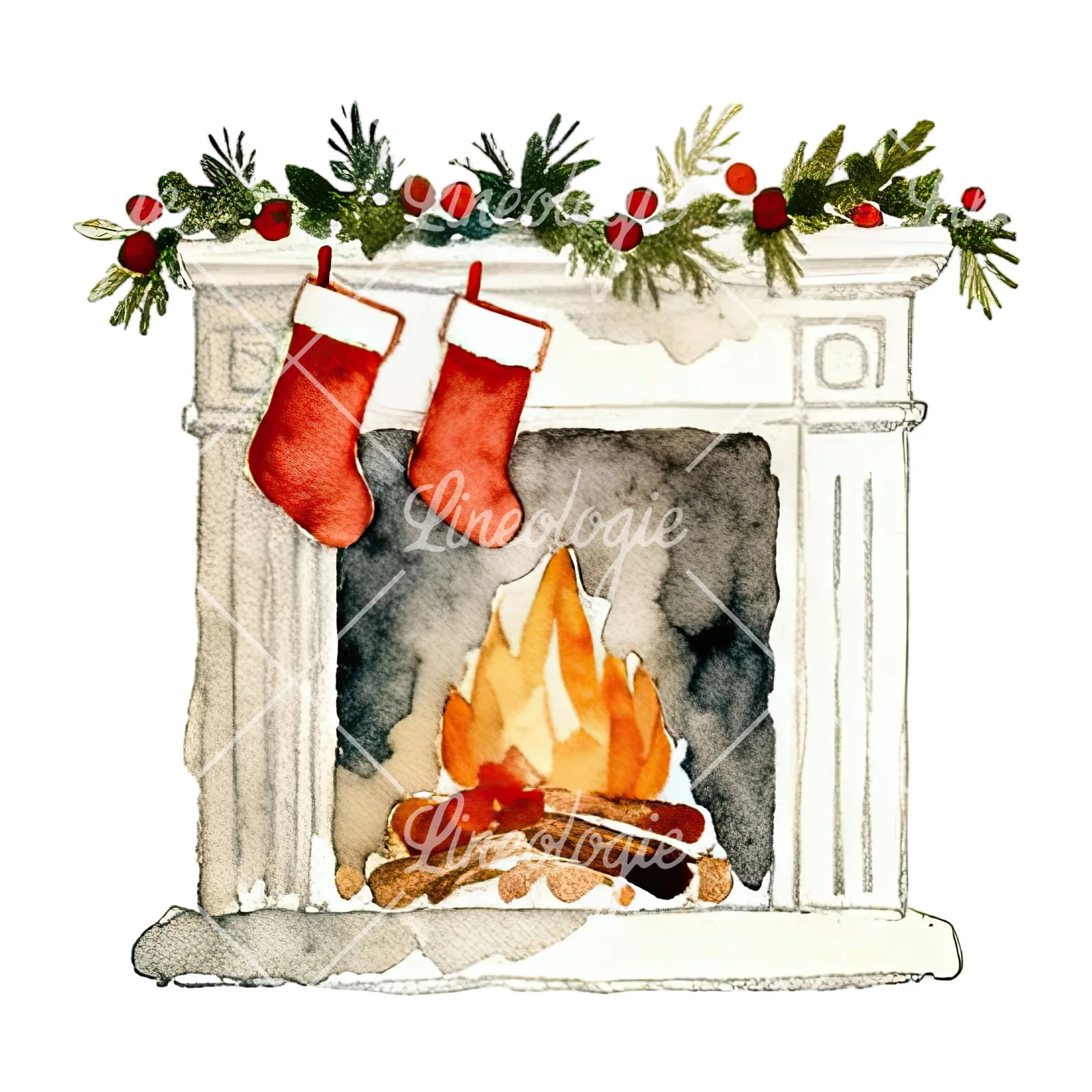 Watercolor fireplace with stockings clipart 4 of 9 on a white background (JPG)
