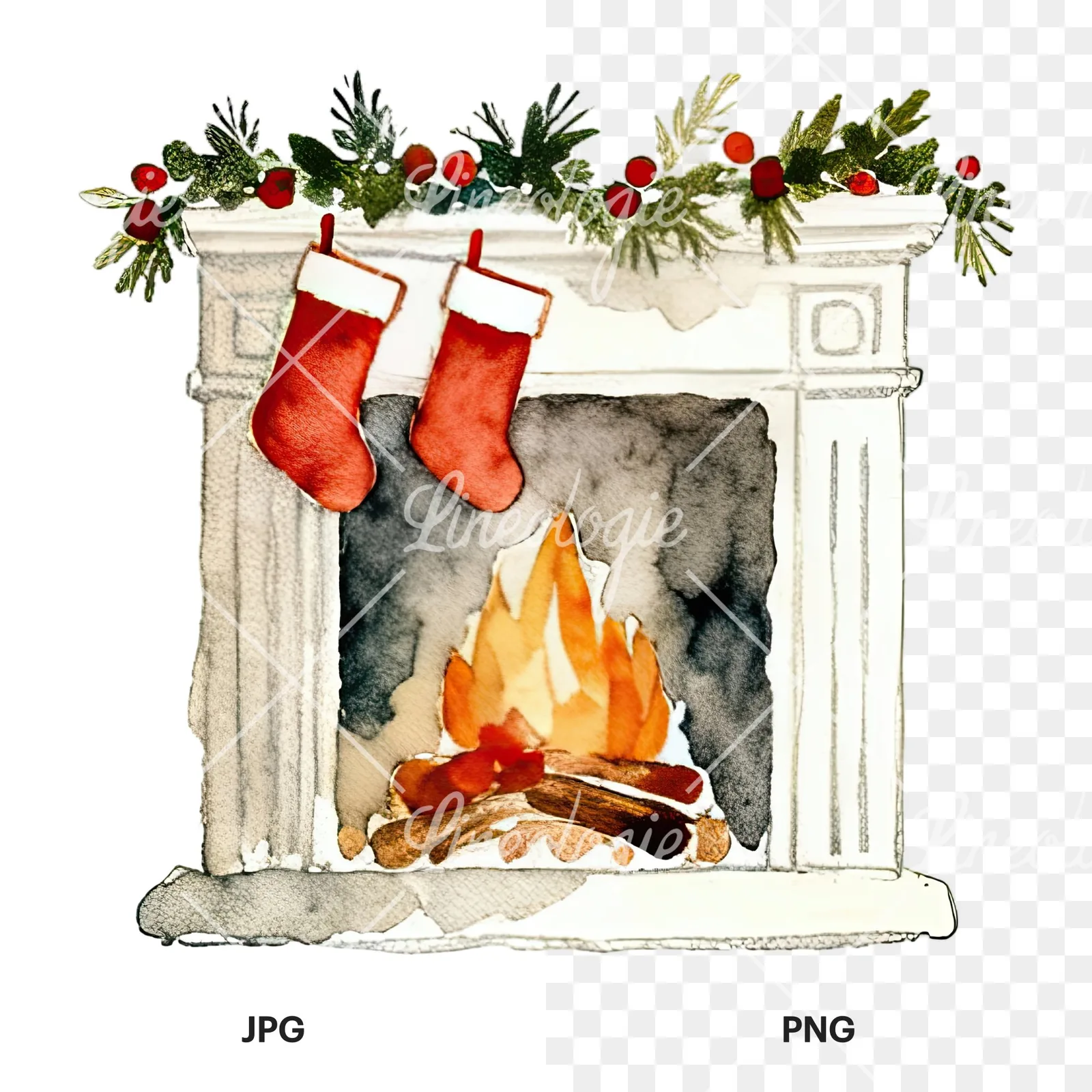 Watercolor fireplace with stockings clipart 4 of 9, as a JPG on white and a transparent PNG