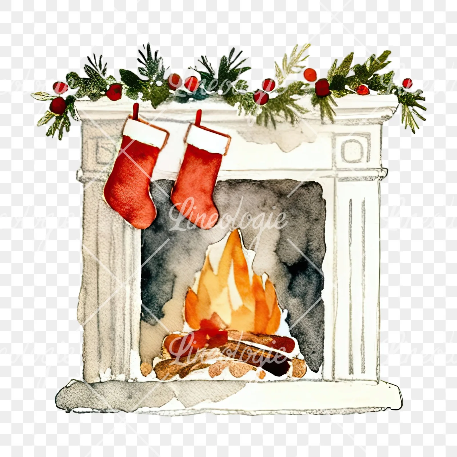 Watercolor fireplace with stockings clipart 4 of 9 on a transparent background (PNG)