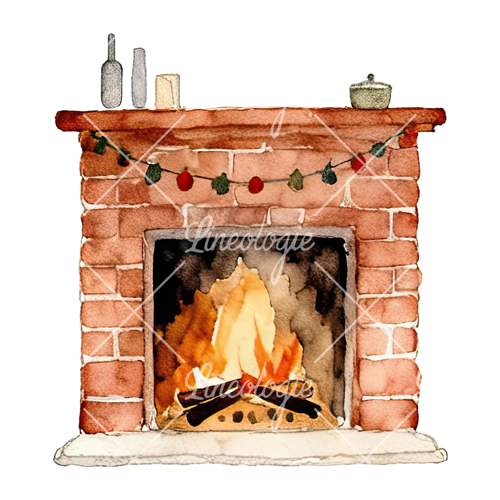 Watercolor fireplace with stockings clipart 5 of 9 on a white background (JPG)
