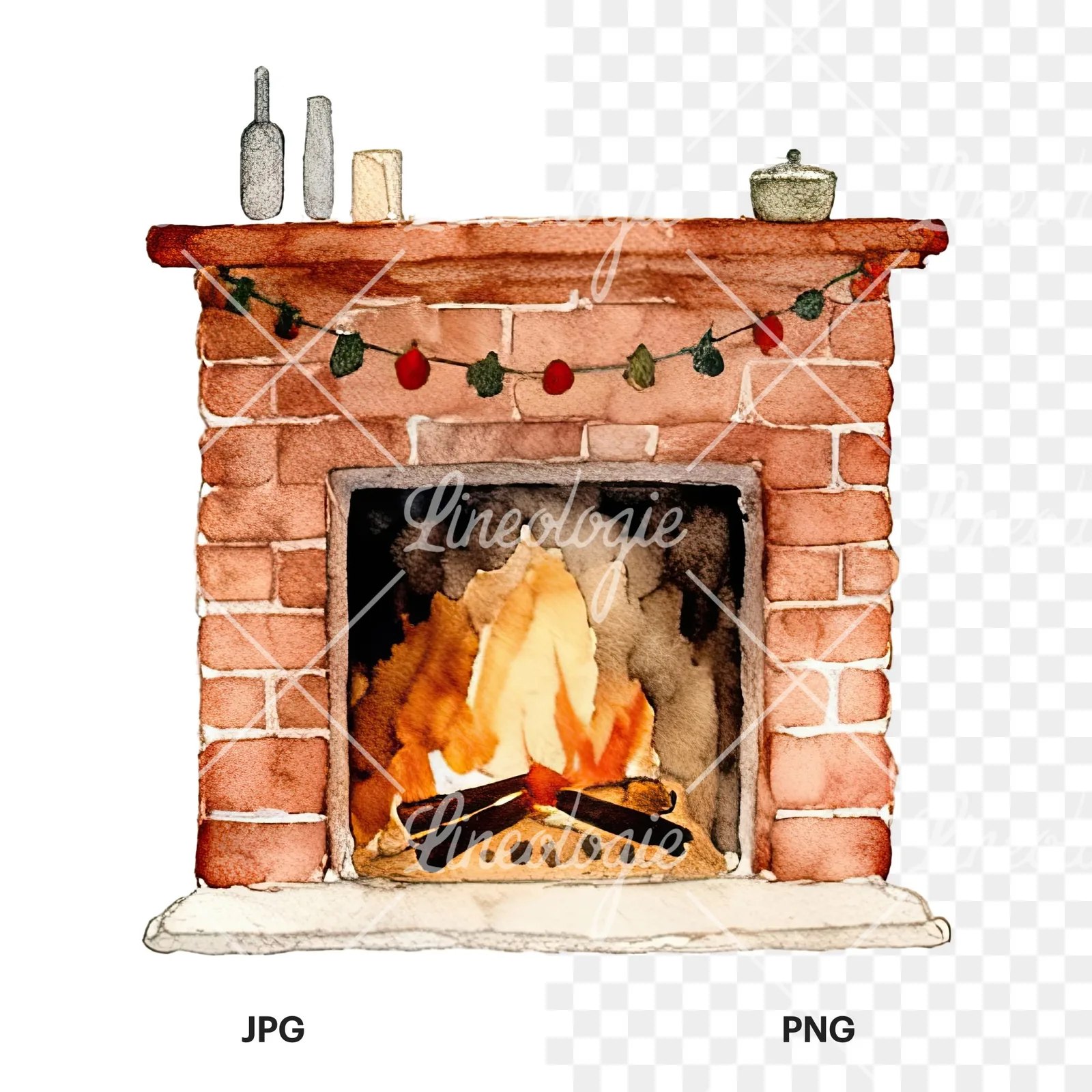 Watercolor fireplace with stockings clipart 5 of 9, as a JPG on white and a transparent PNG