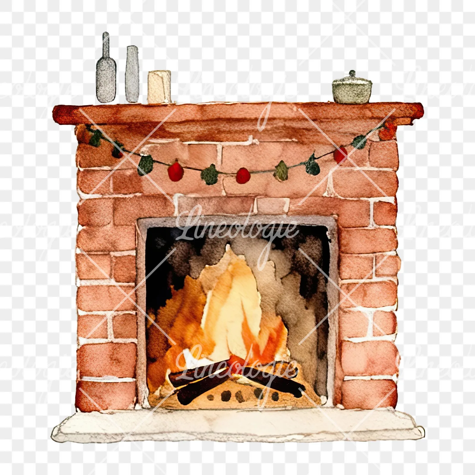 Watercolor fireplace with stockings clipart 5 of 9 on a transparent background (PNG)