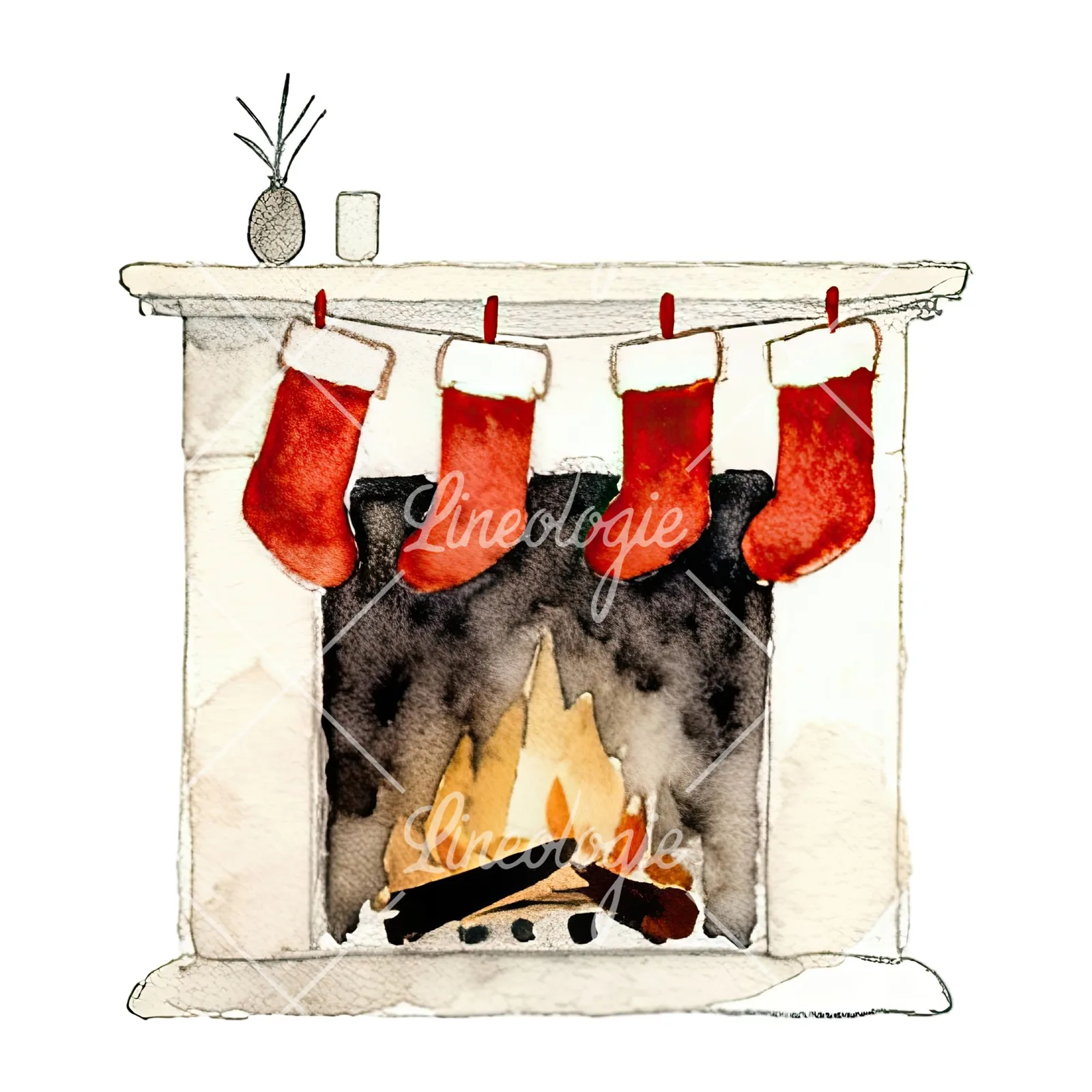 Watercolor fireplace with stockings clipart 6 of 9 on a white background (JPG)