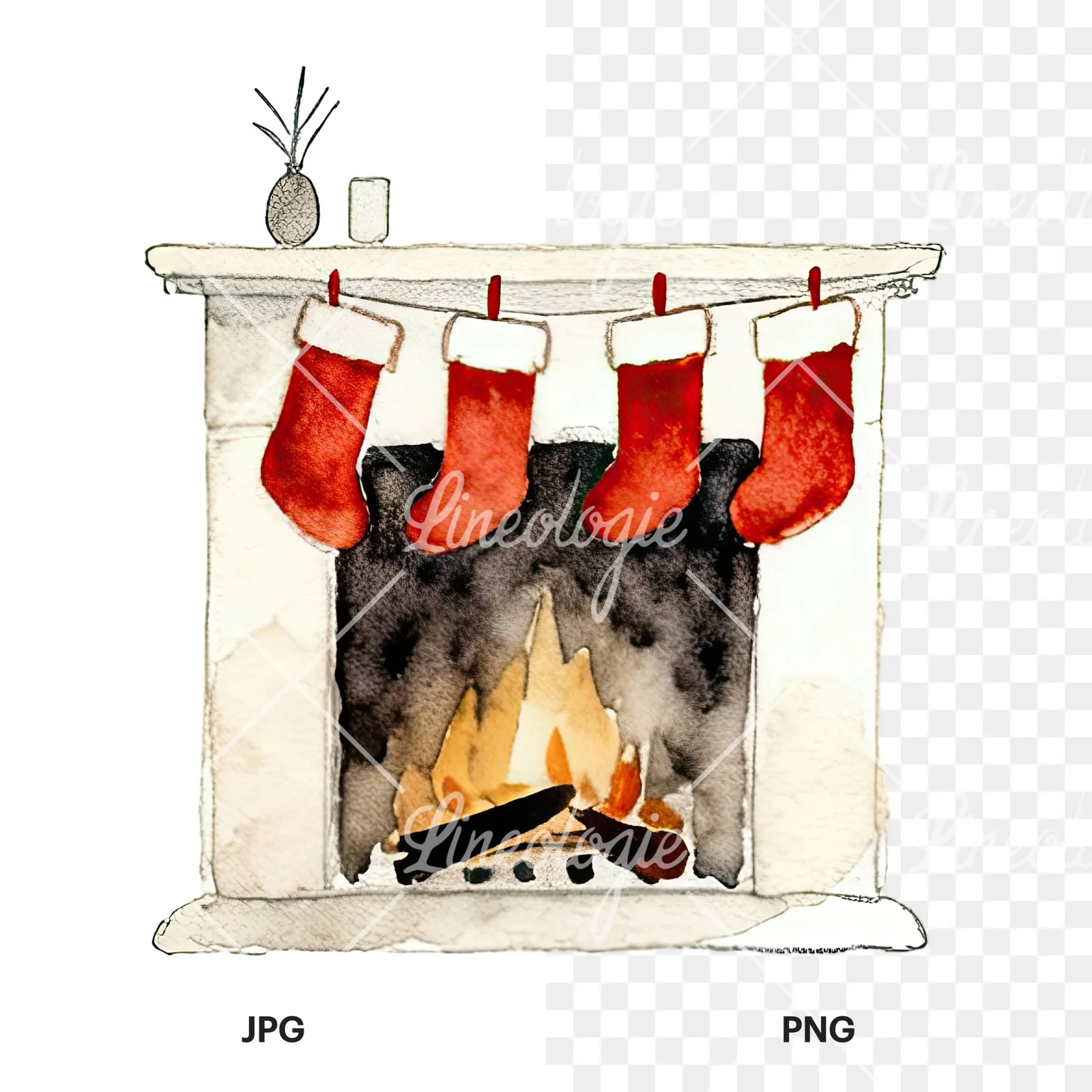 Watercolor fireplace with stockings clipart 6 of 9, as a JPG on white and a transparent PNG