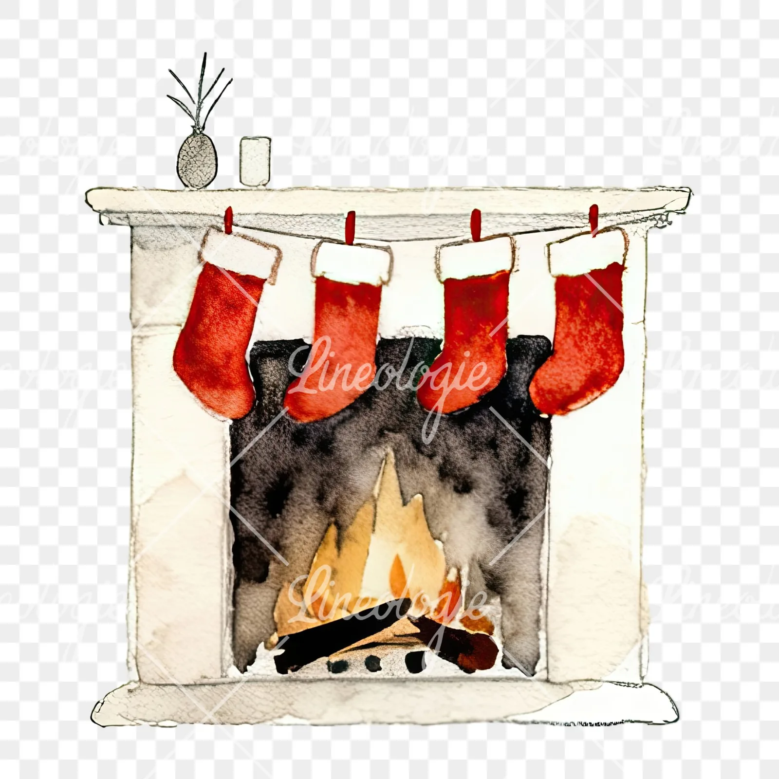 Watercolor fireplace with stockings clipart 6 of 9 on a transparent background (PNG)