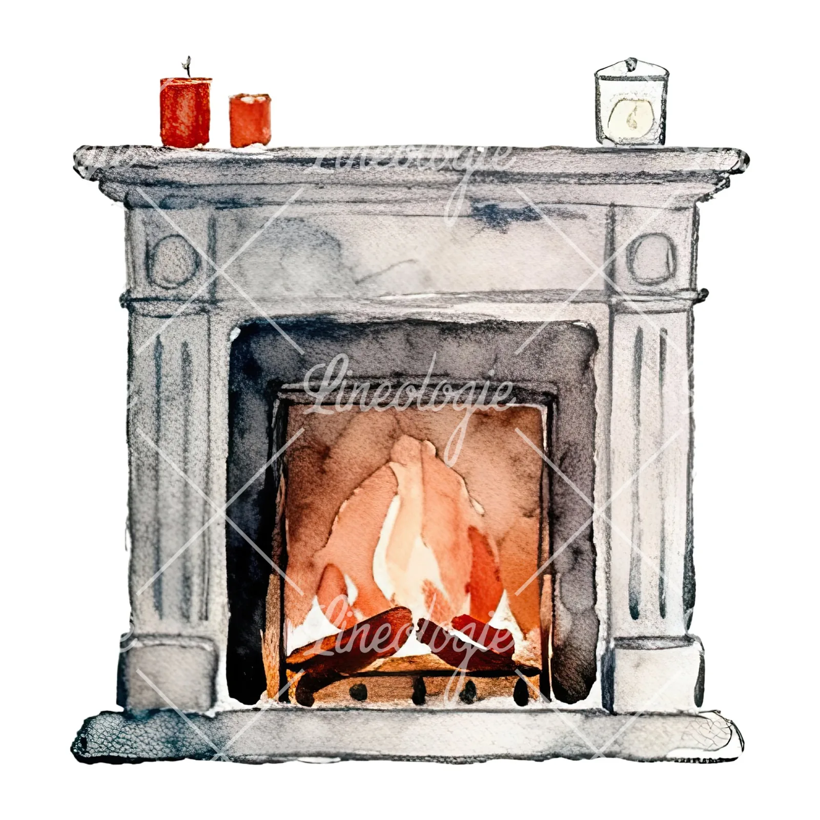 Watercolor fireplace with stockings clipart 7 of 9 on a white background (JPG)