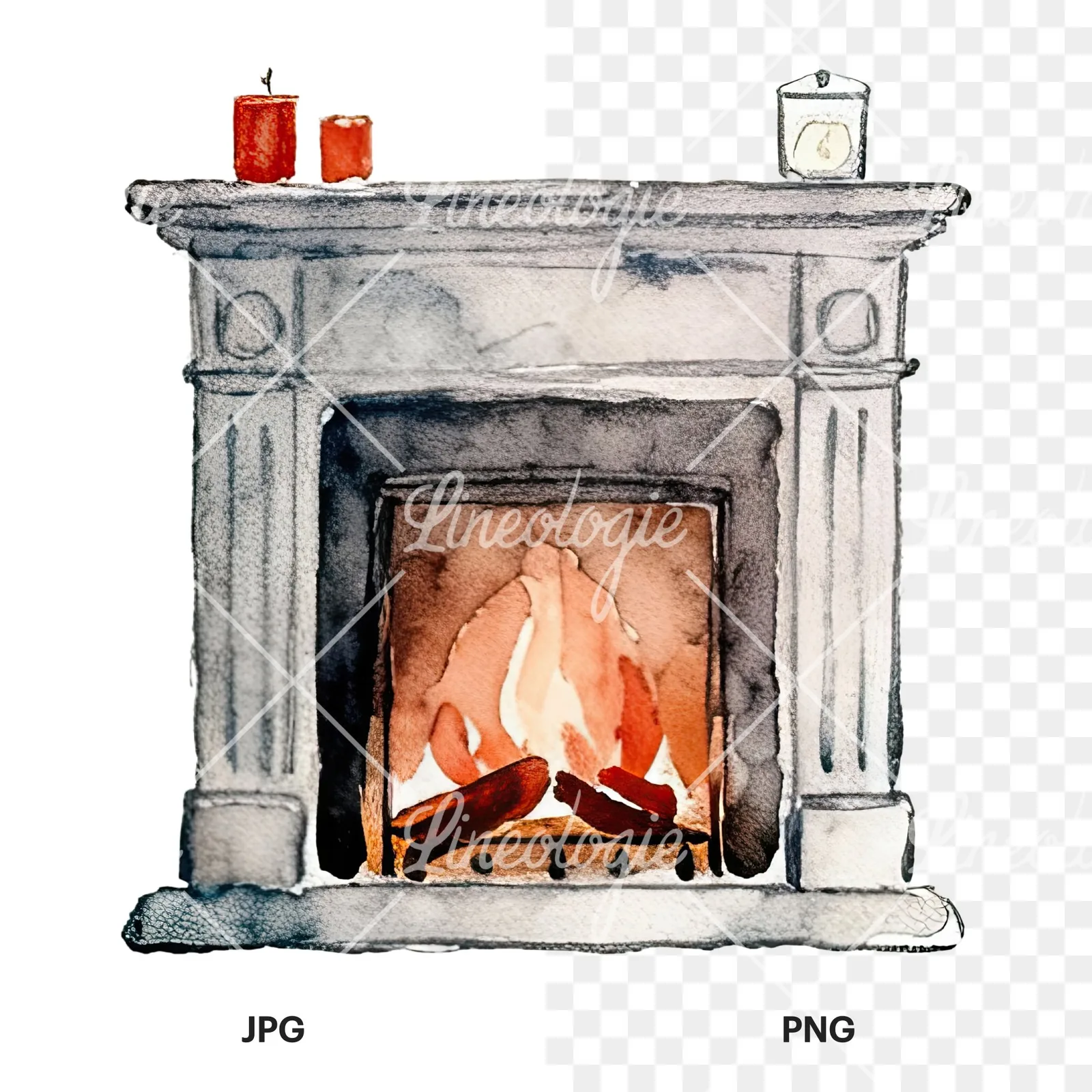 Watercolor fireplace with stockings clipart 7 of 9, as a JPG on white and a transparent PNG