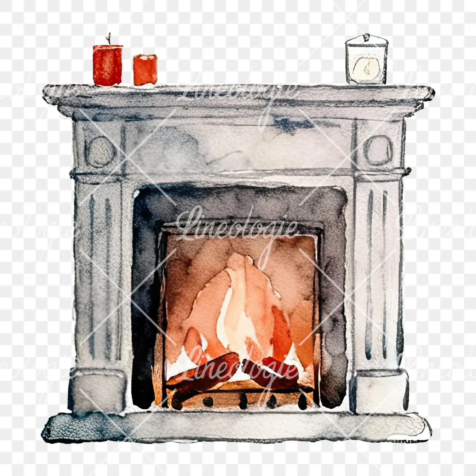 Watercolor fireplace with stockings clipart 7 of 9 on a transparent background (PNG)