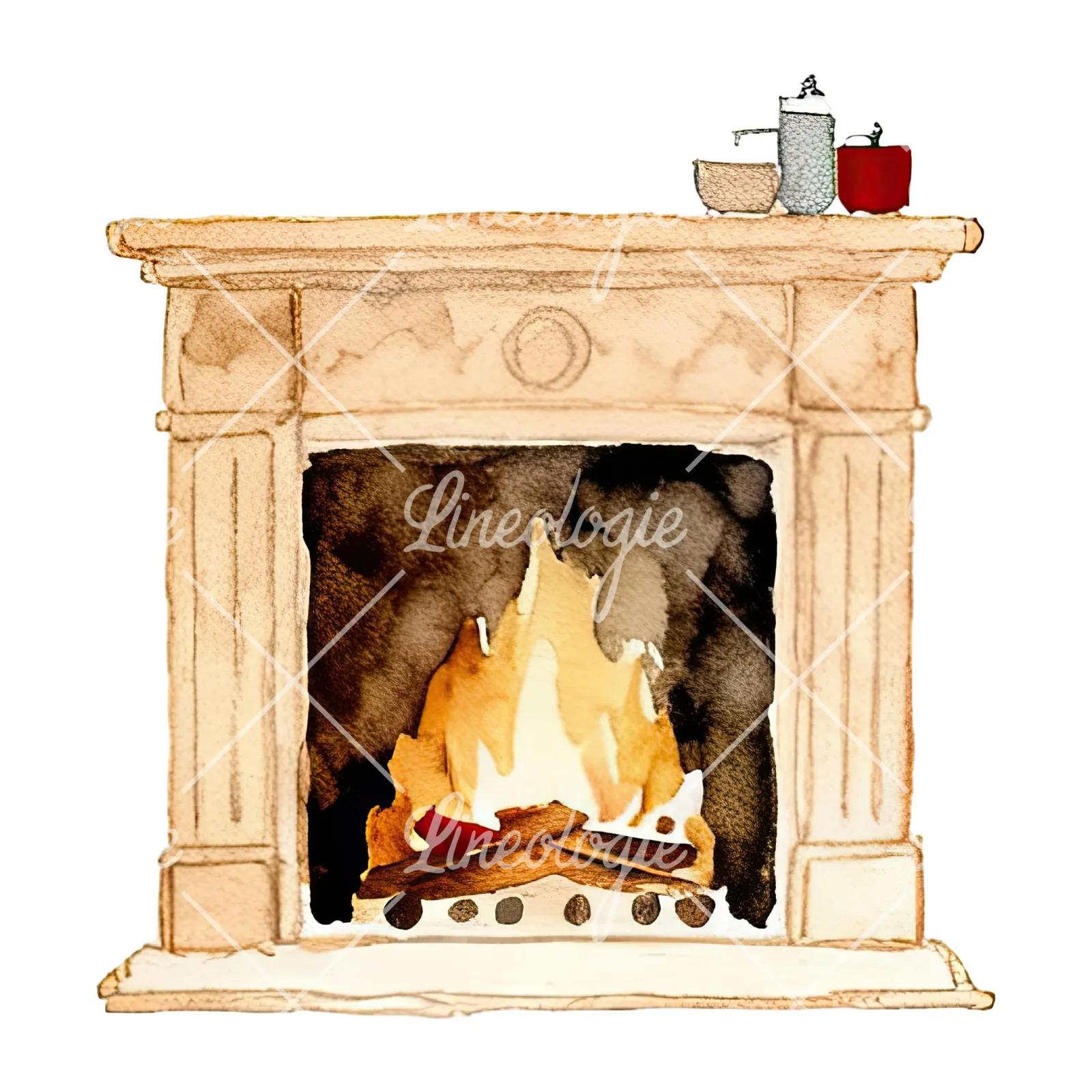 Watercolor fireplace with stockings clipart 8 of 9 on a white background (JPG)
