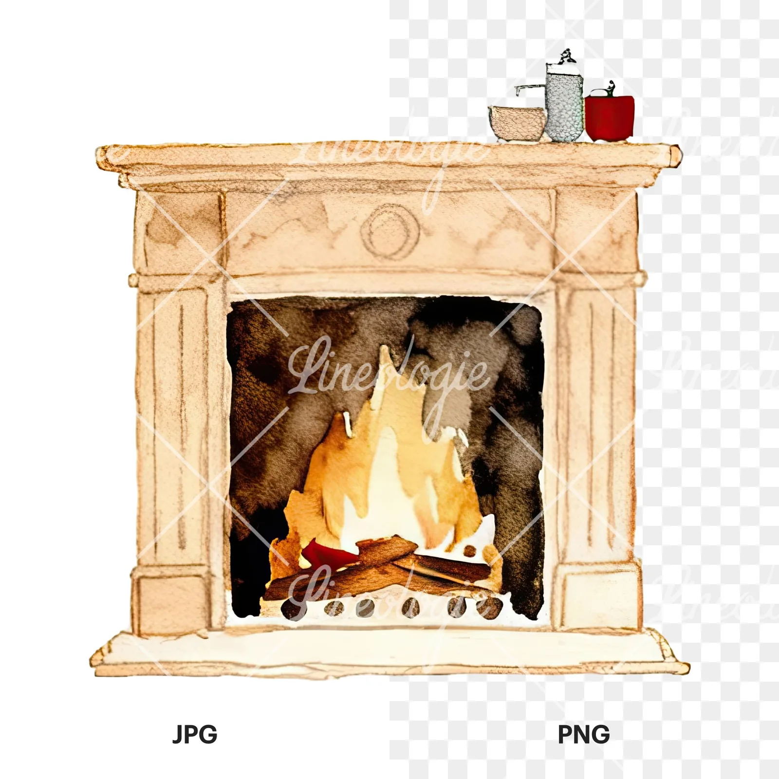 Watercolor fireplace with stockings clipart 8 of 9, as a JPG on white and a transparent PNG