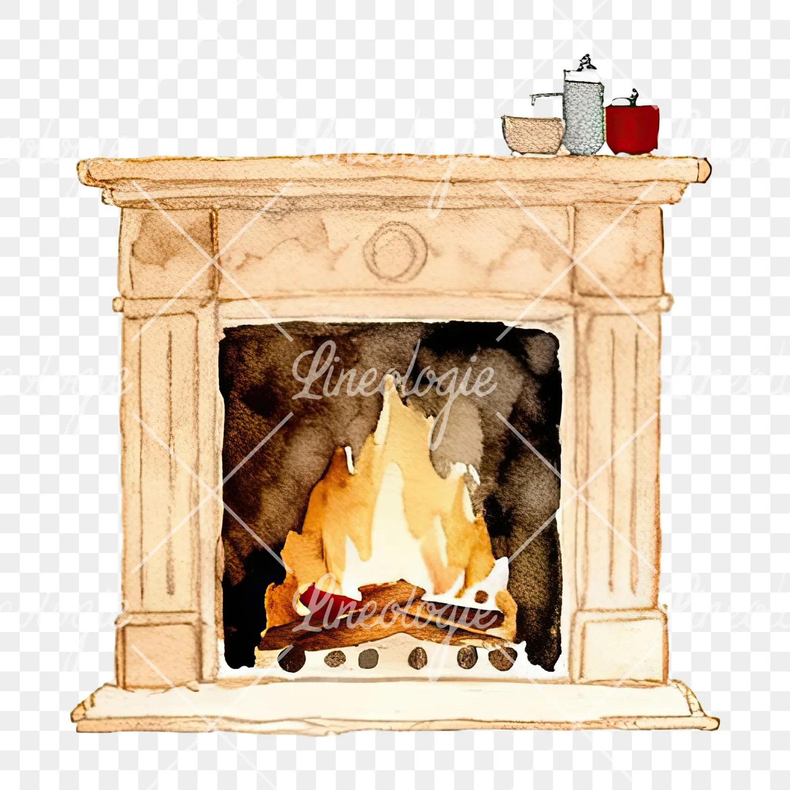 Watercolor fireplace with stockings clipart 8 of 9 on a transparent background (PNG)