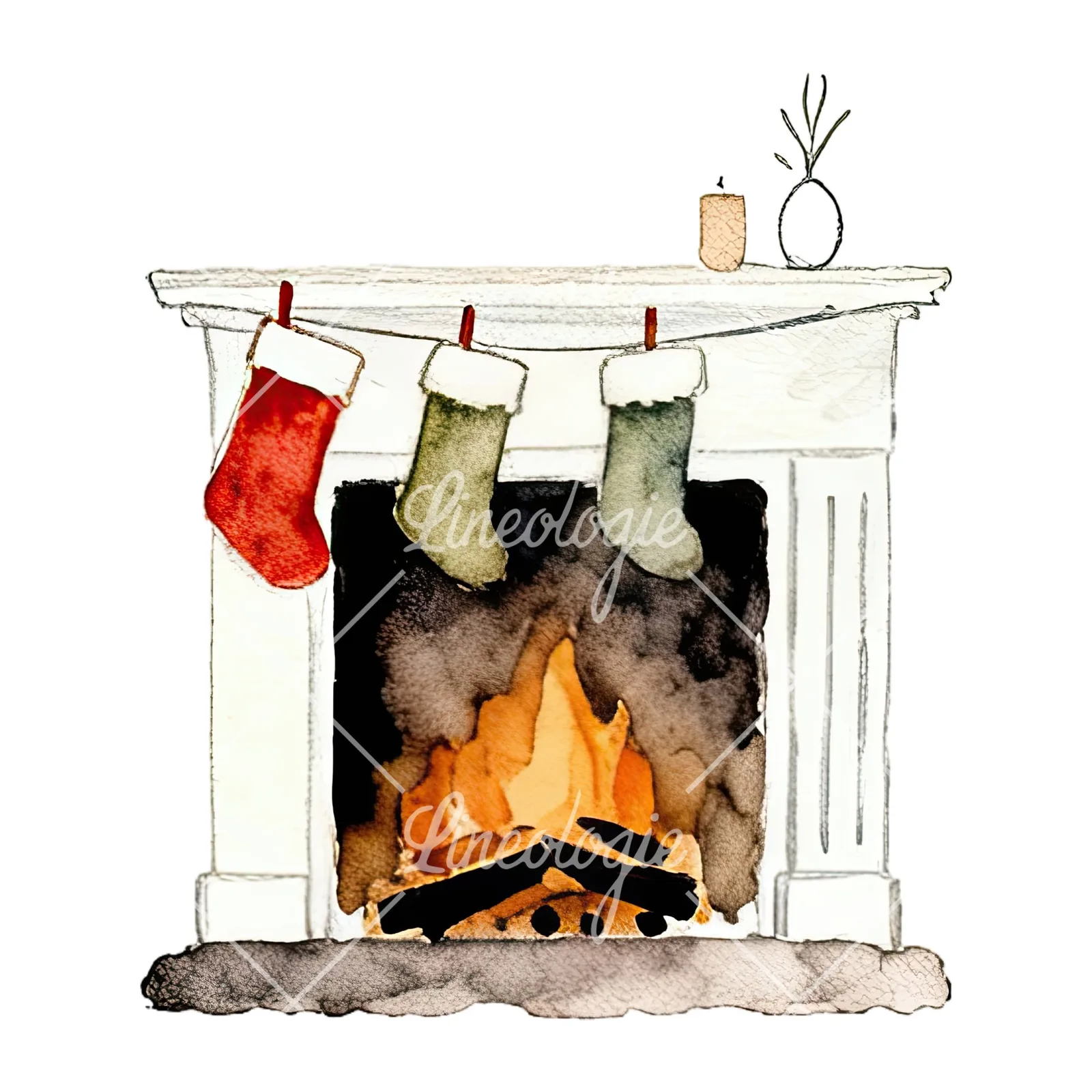 Watercolor fireplace with stockings clipart 9 of 9 on a white background (JPG)