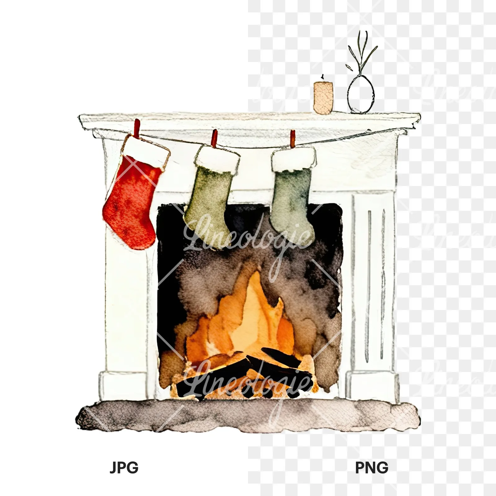 Watercolor fireplace with stockings clipart 9 of 9, as a JPG on white and a transparent PNG