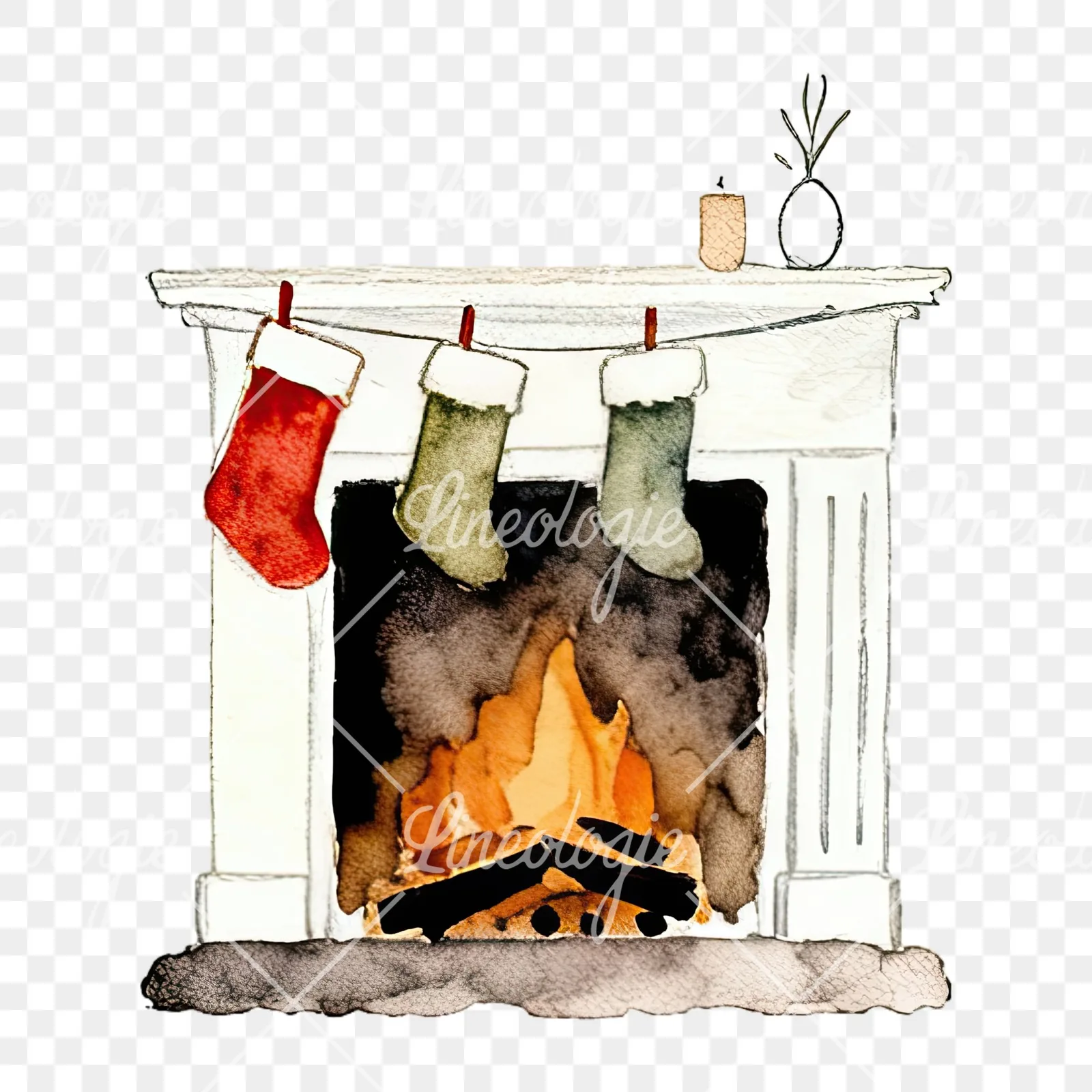 Watercolor fireplace with stockings clipart 9 of 9 on a transparent background (PNG)