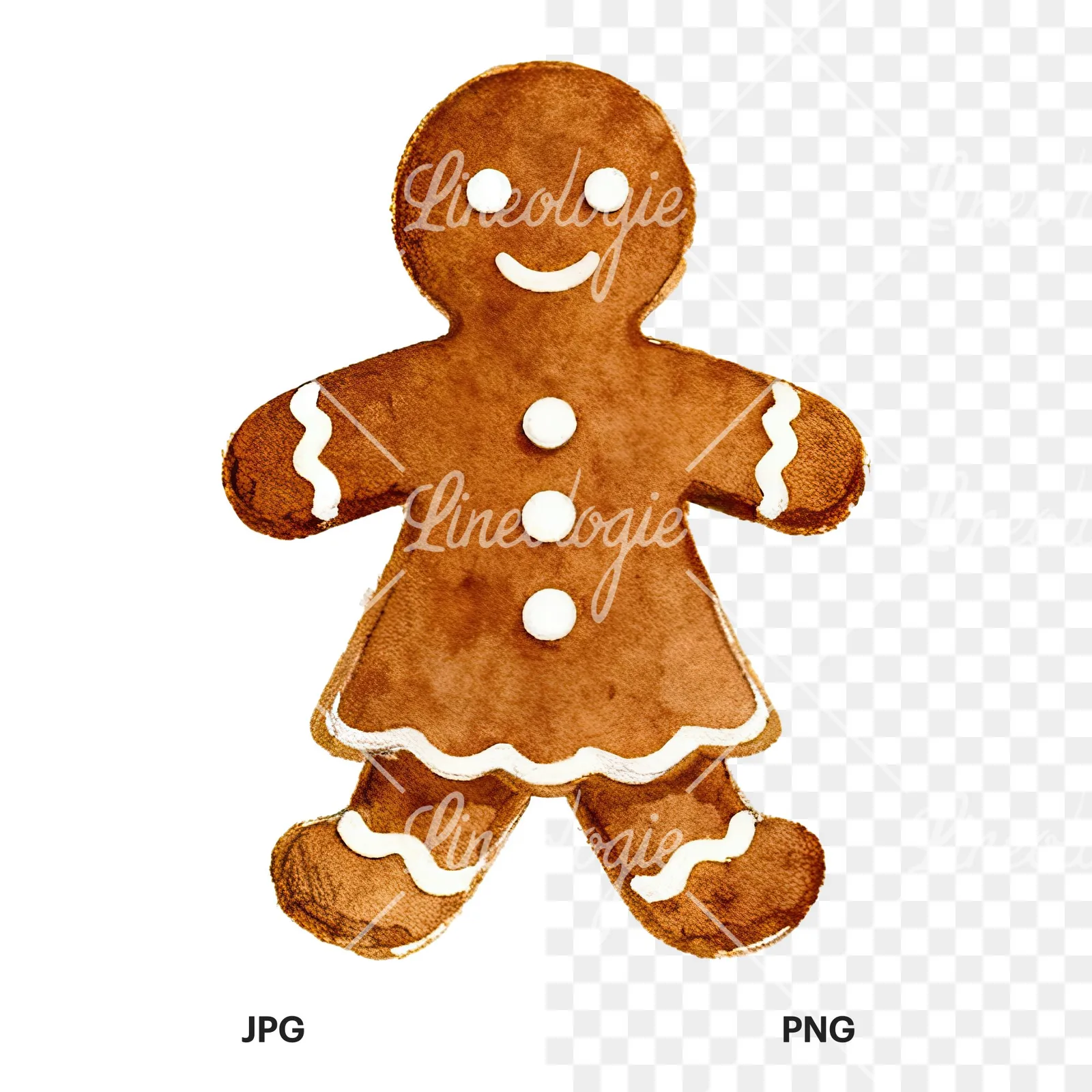 Watercolor iced gingerbread man clipart 1 of 9, as a JPG on white and a transparent PNG