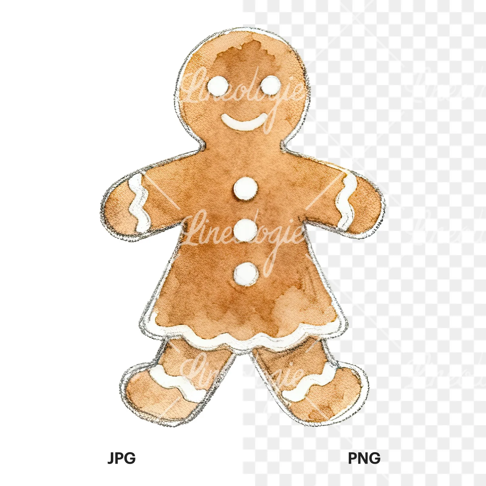 Watercolor iced gingerbread man clipart 3 of 9, as a JPG on white and a transparent PNG