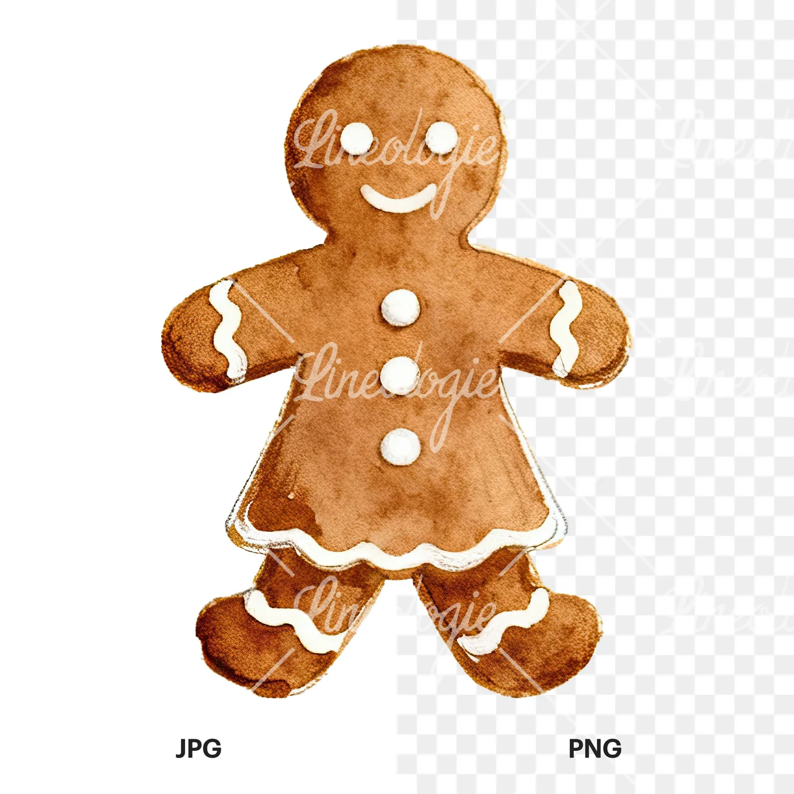 Watercolor iced gingerbread man clipart 4 of 9, as a JPG on white and a transparent PNG