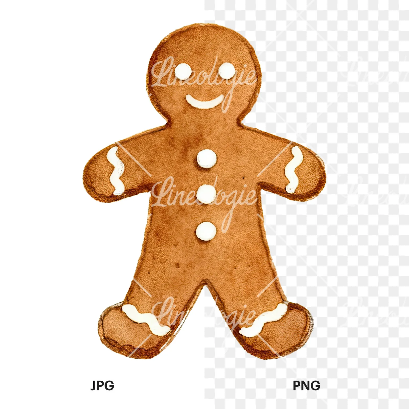 Watercolor iced gingerbread man clipart 5 of 9, as a JPG on white and a transparent PNG