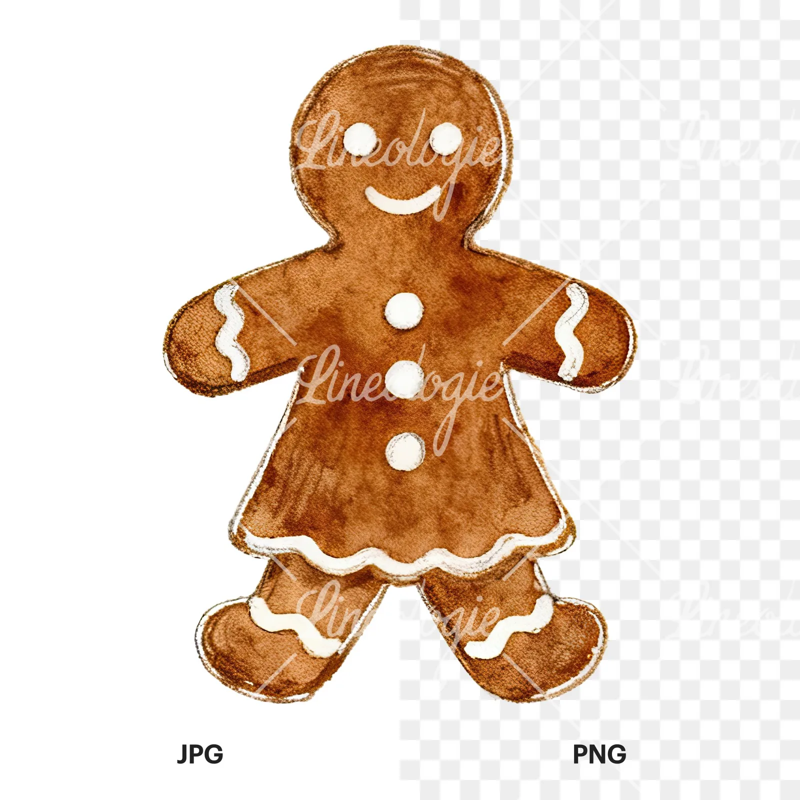 Watercolor iced gingerbread man clipart 6 of 9, as a JPG on white and a transparent PNG