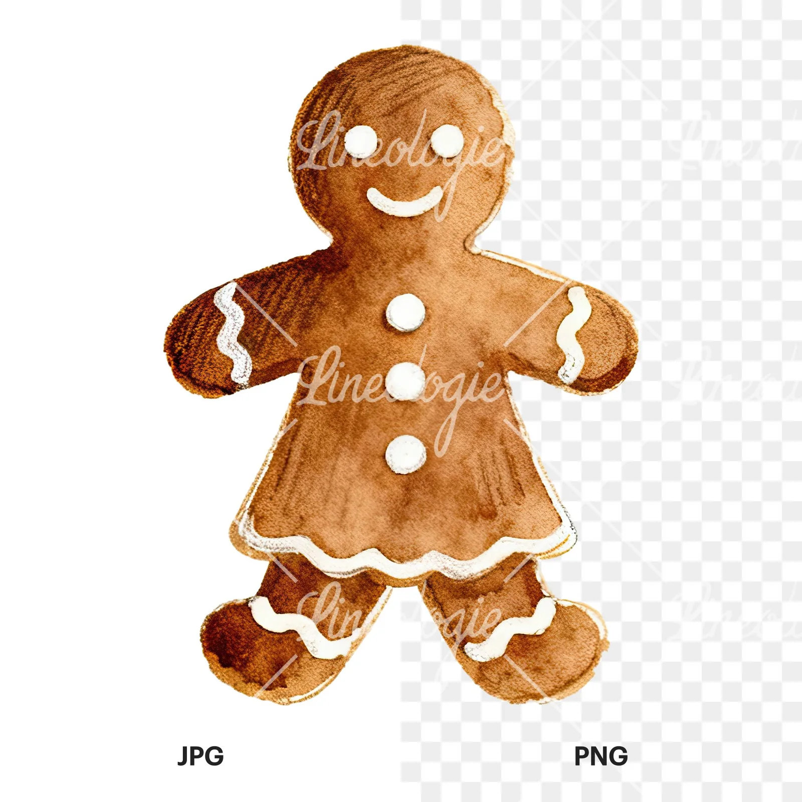 Watercolor iced gingerbread man clipart 7 of 9, as a JPG on white and a transparent PNG