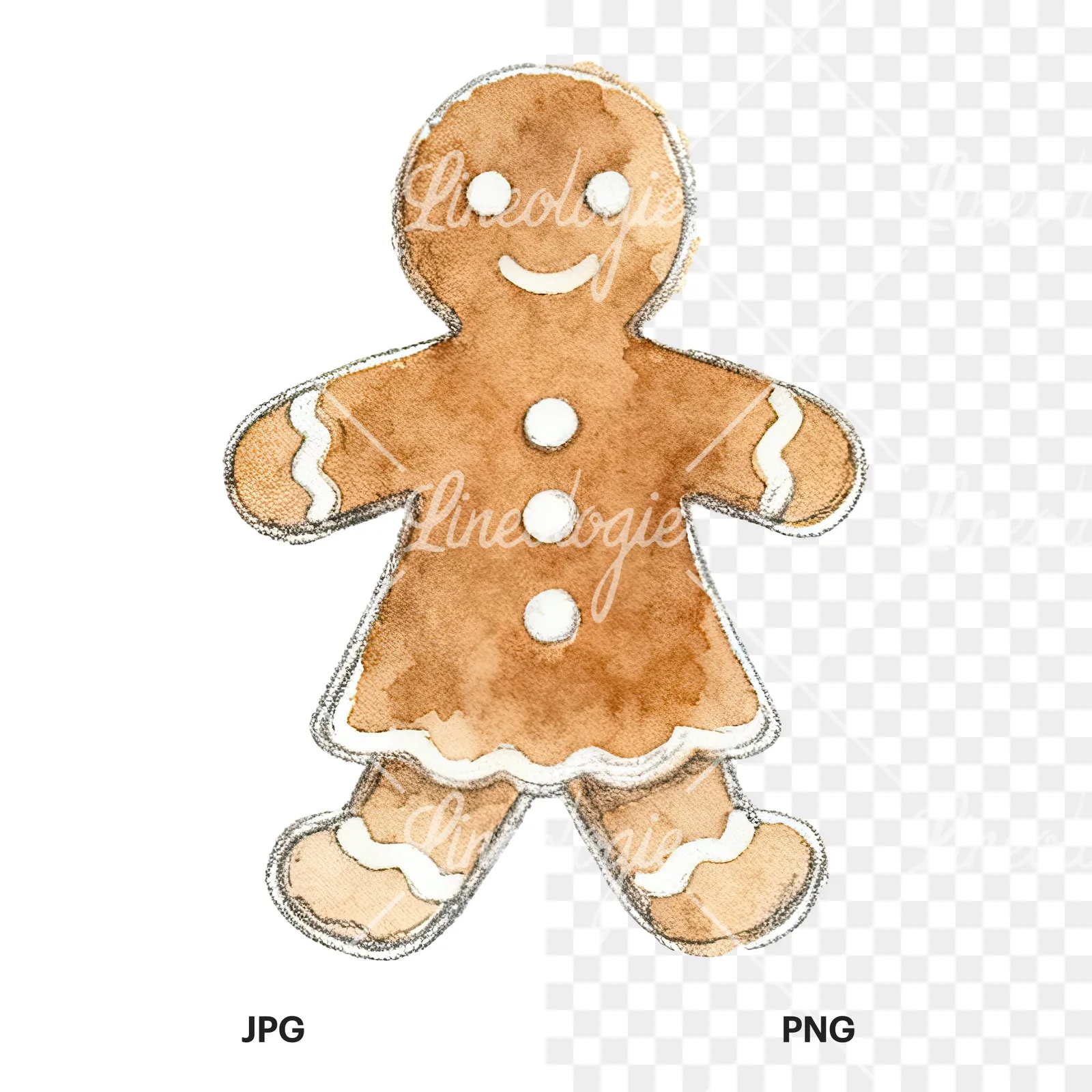 Watercolor iced gingerbread man clipart 9 of 9, as a JPG on white and a transparent PNG