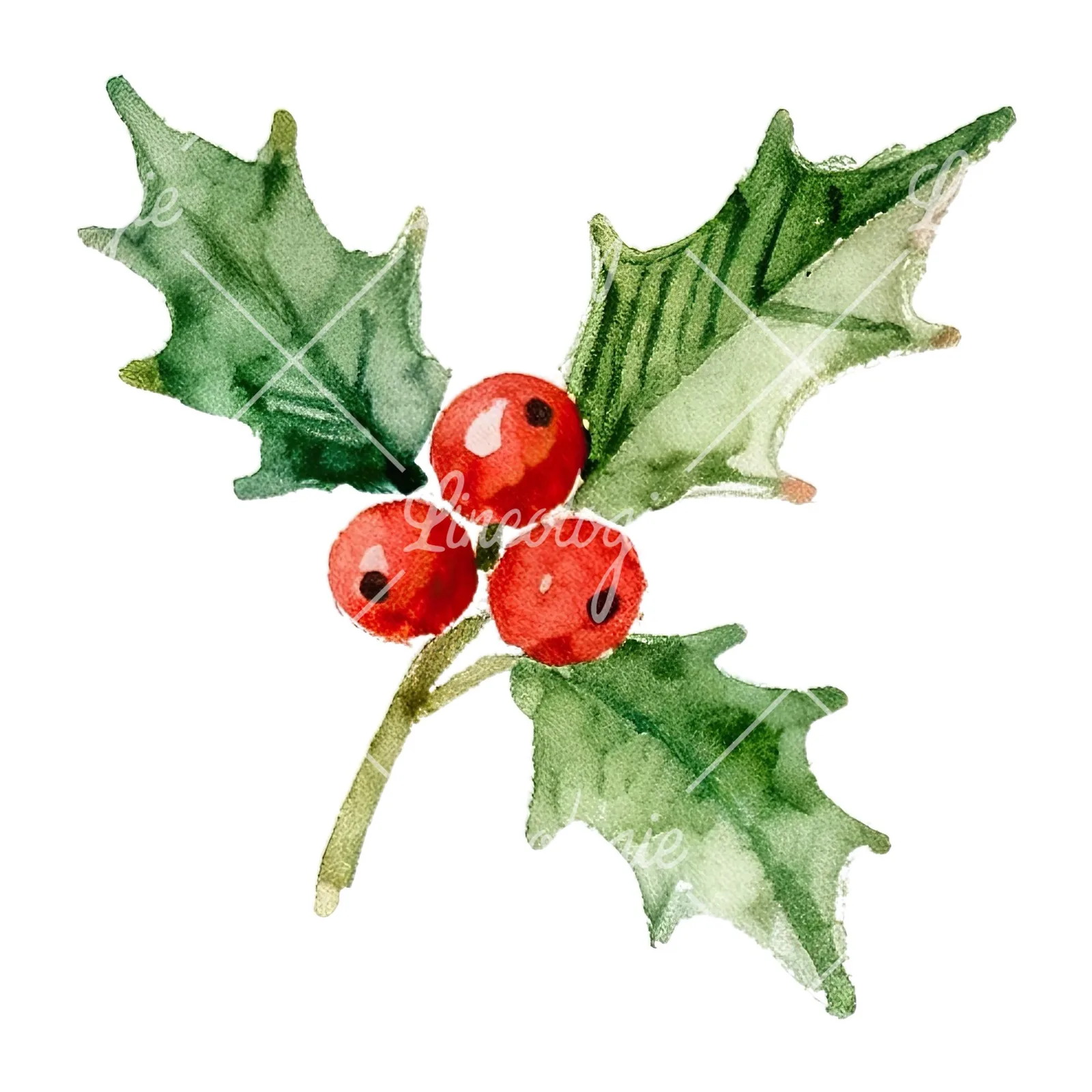 Watercolor holly and berries clipart 1 of 9 on a white background (JPG)
