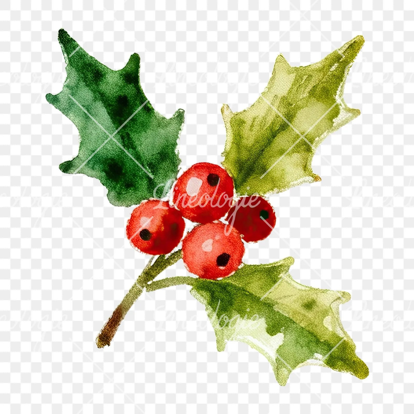 Watercolor holly and berries clipart 4 of 9 on a transparent background (PNG)