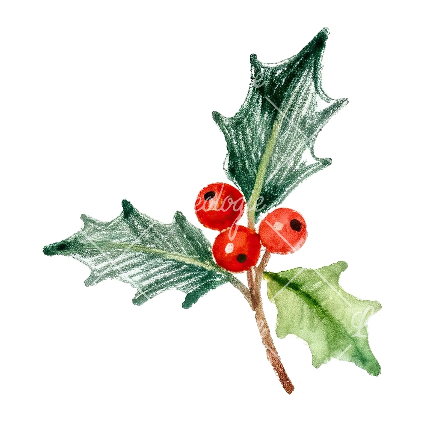 Watercolor holly and berries clipart 8 of 9 on a white background (JPG)