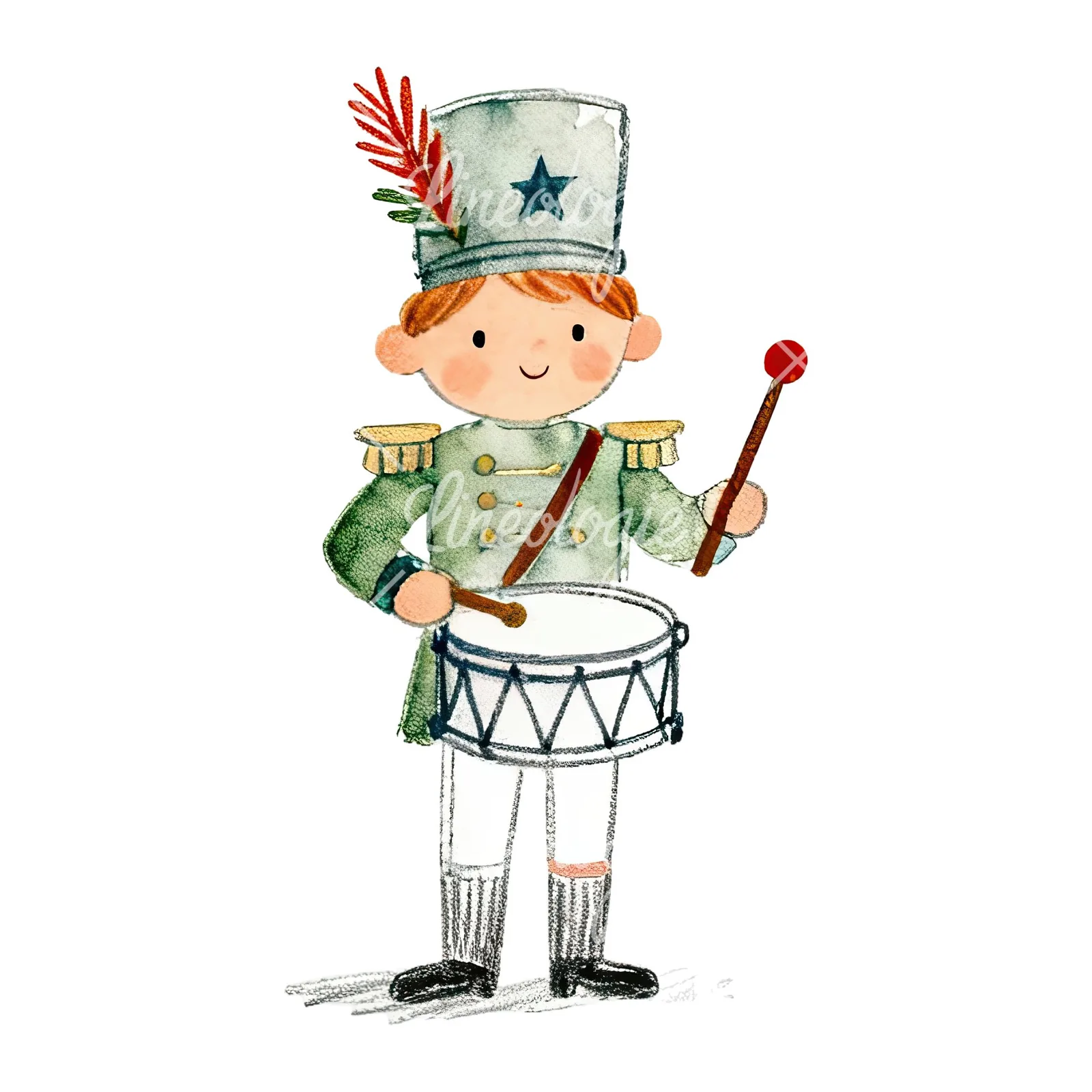 Watercolor festive little drummer boy clipart 1 of 9 on a white background (JPG)