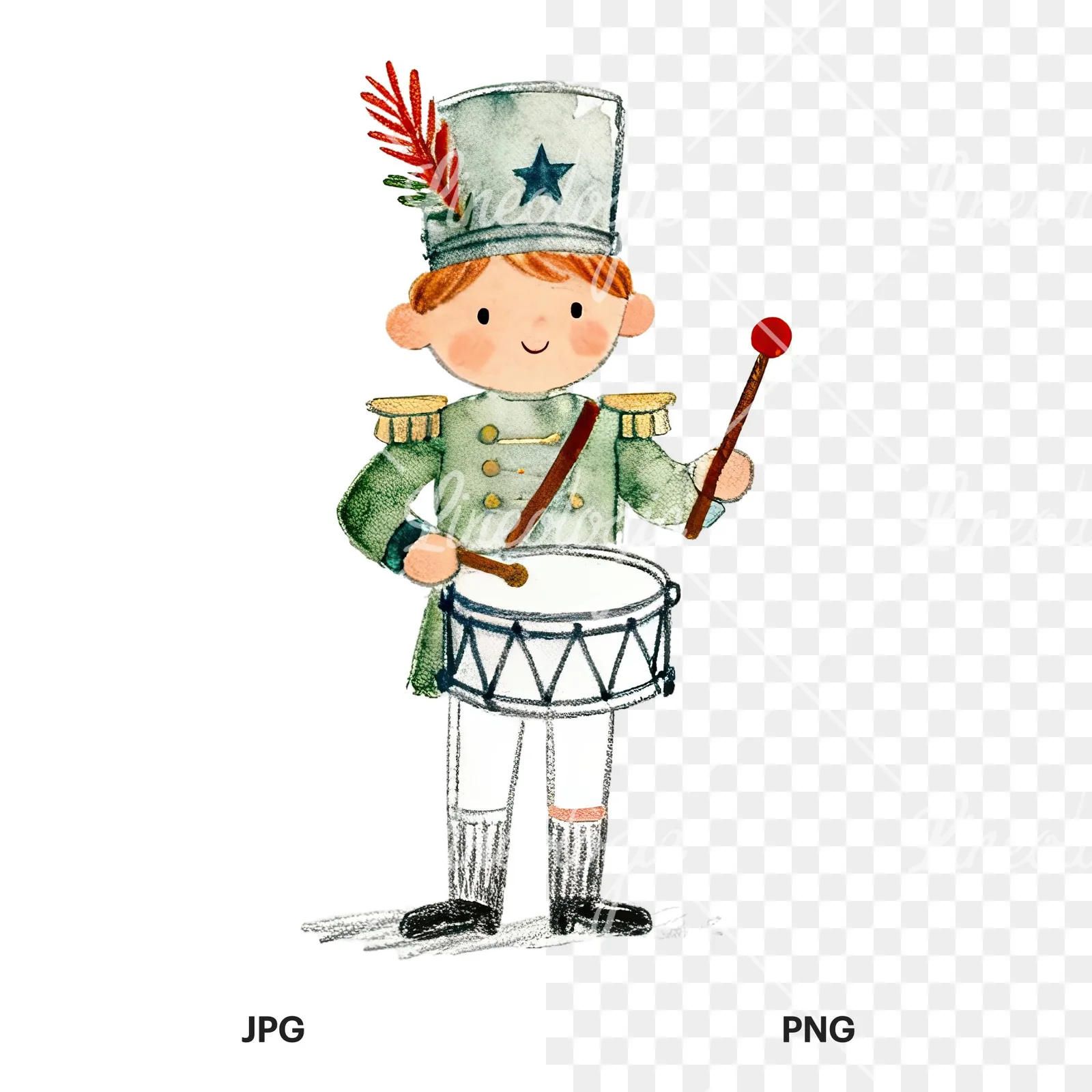 Watercolor festive little drummer boy clipart 1 of 9, as a JPG on white and a transparent PNG