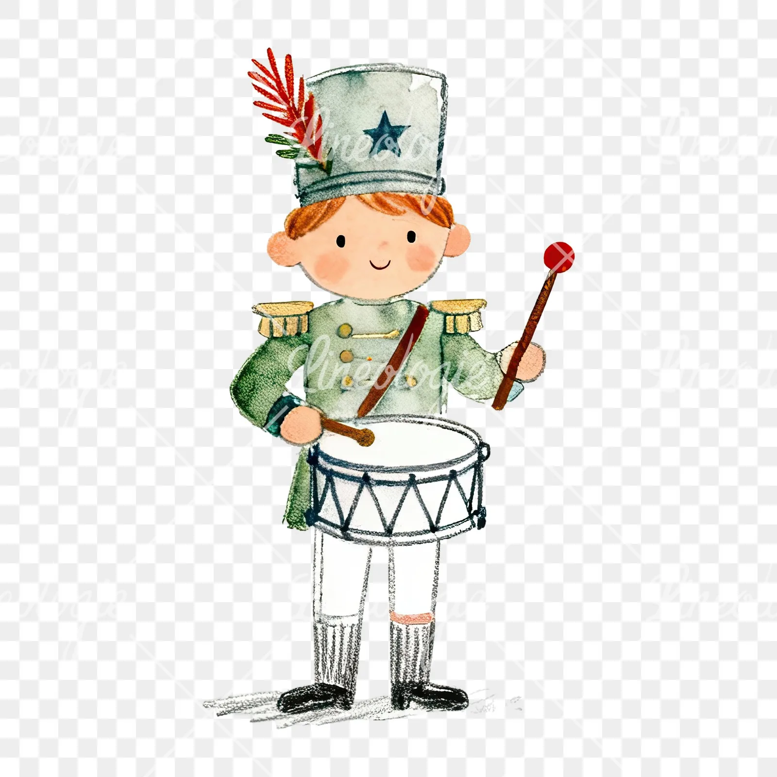 Watercolor festive little drummer boy clipart 1 of 9 on a transparent background (PNG)