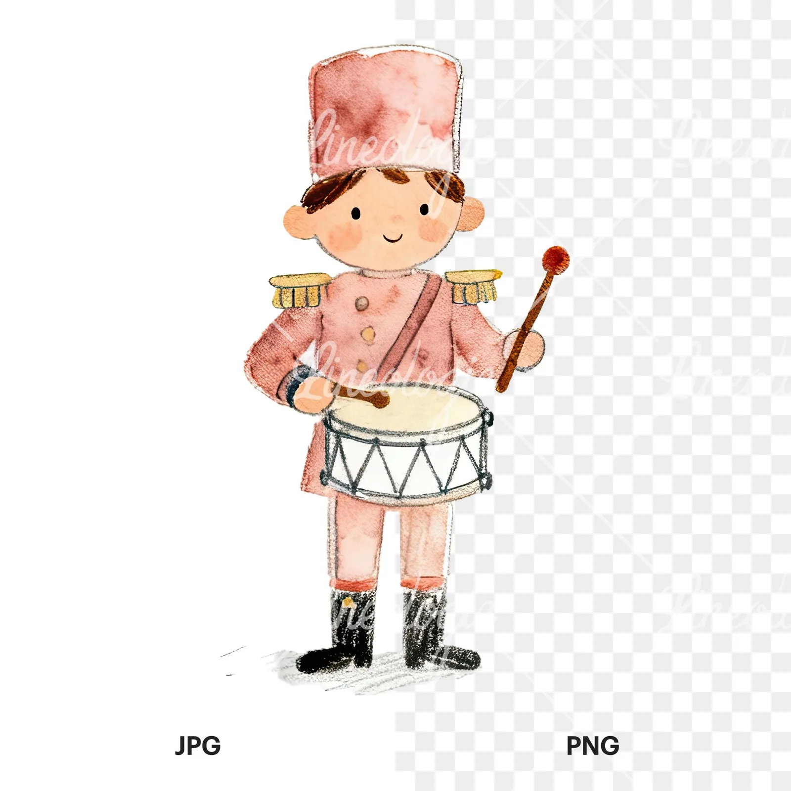 Watercolor festive little drummer boy clipart 2 of 9, as a JPG on white and a transparent PNG