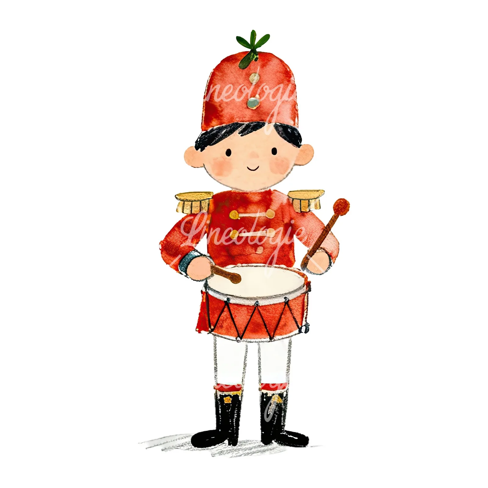 Watercolor festive little drummer boy clipart 3 of 9 on a white background (JPG)