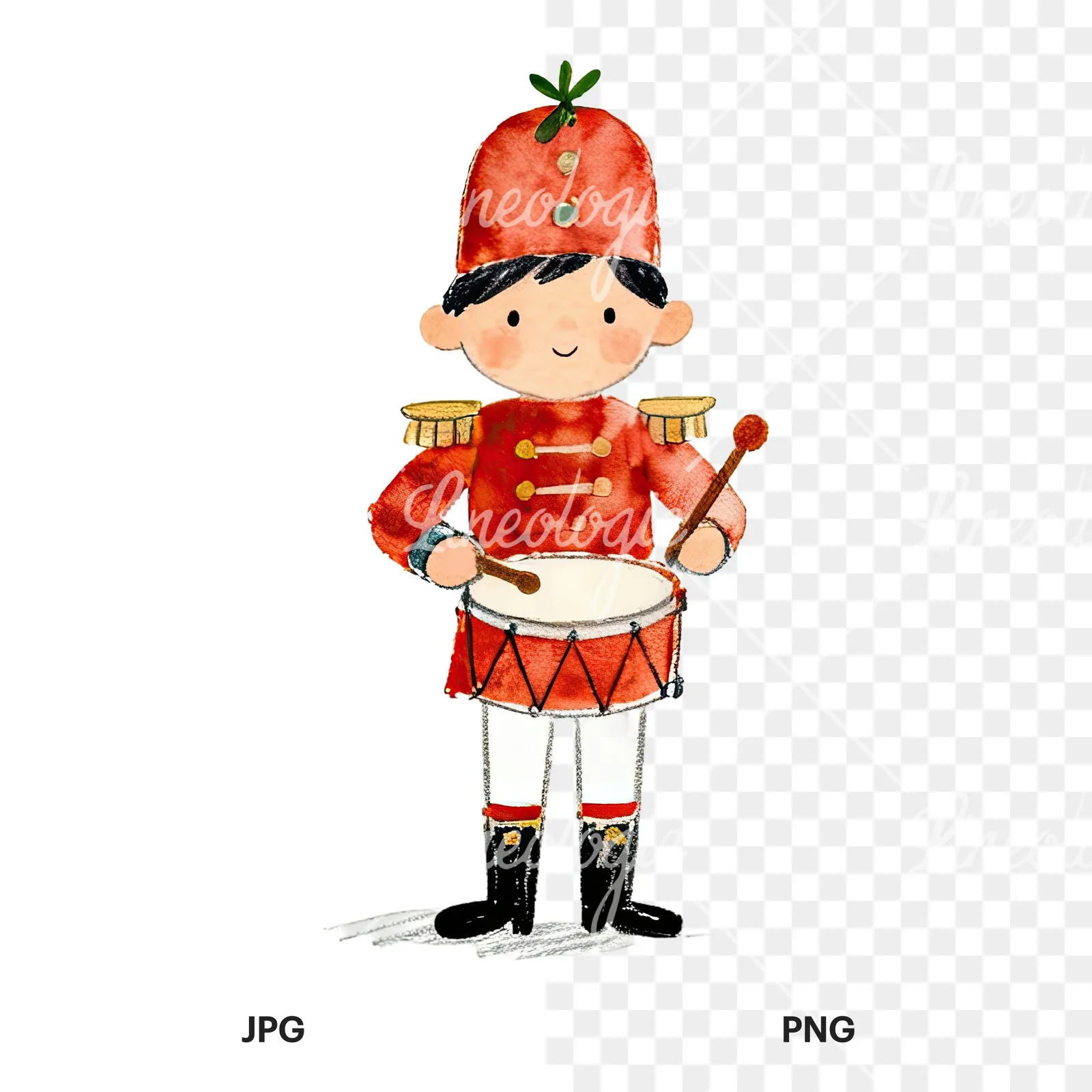 Watercolor festive little drummer boy clipart 3 of 9, as a JPG on white and a transparent PNG