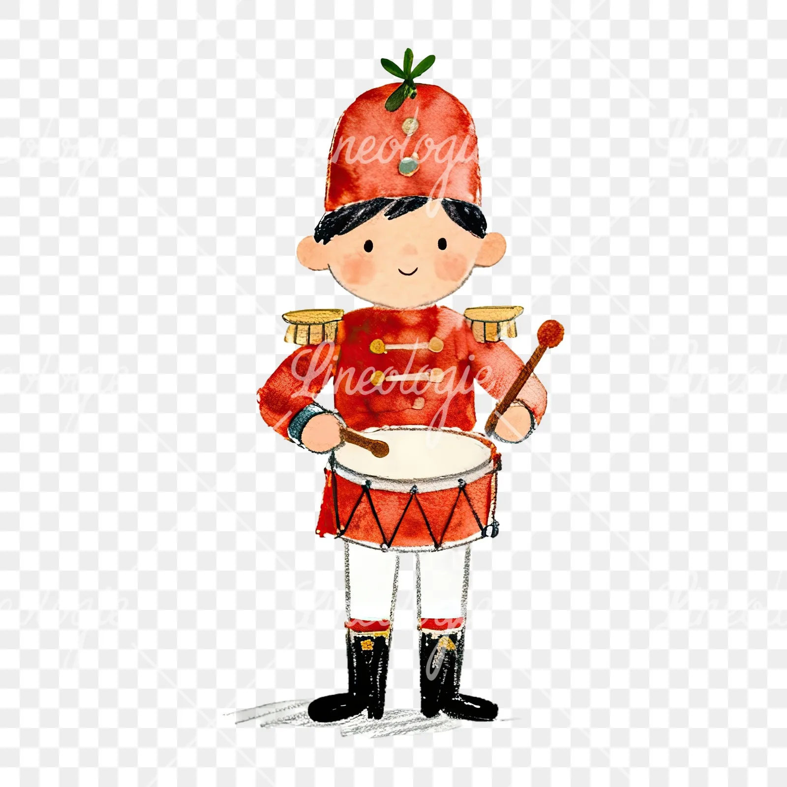 Watercolor festive little drummer boy clipart 3 of 9 on a transparent background (PNG)