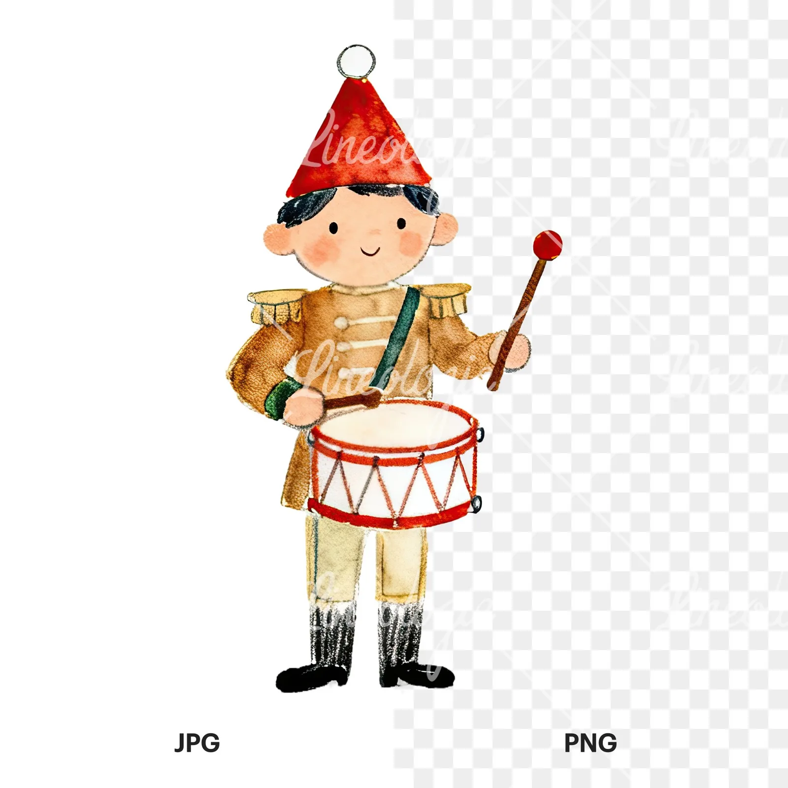 Watercolor festive little drummer boy clipart 4 of 9, as a JPG on white and a transparent PNG