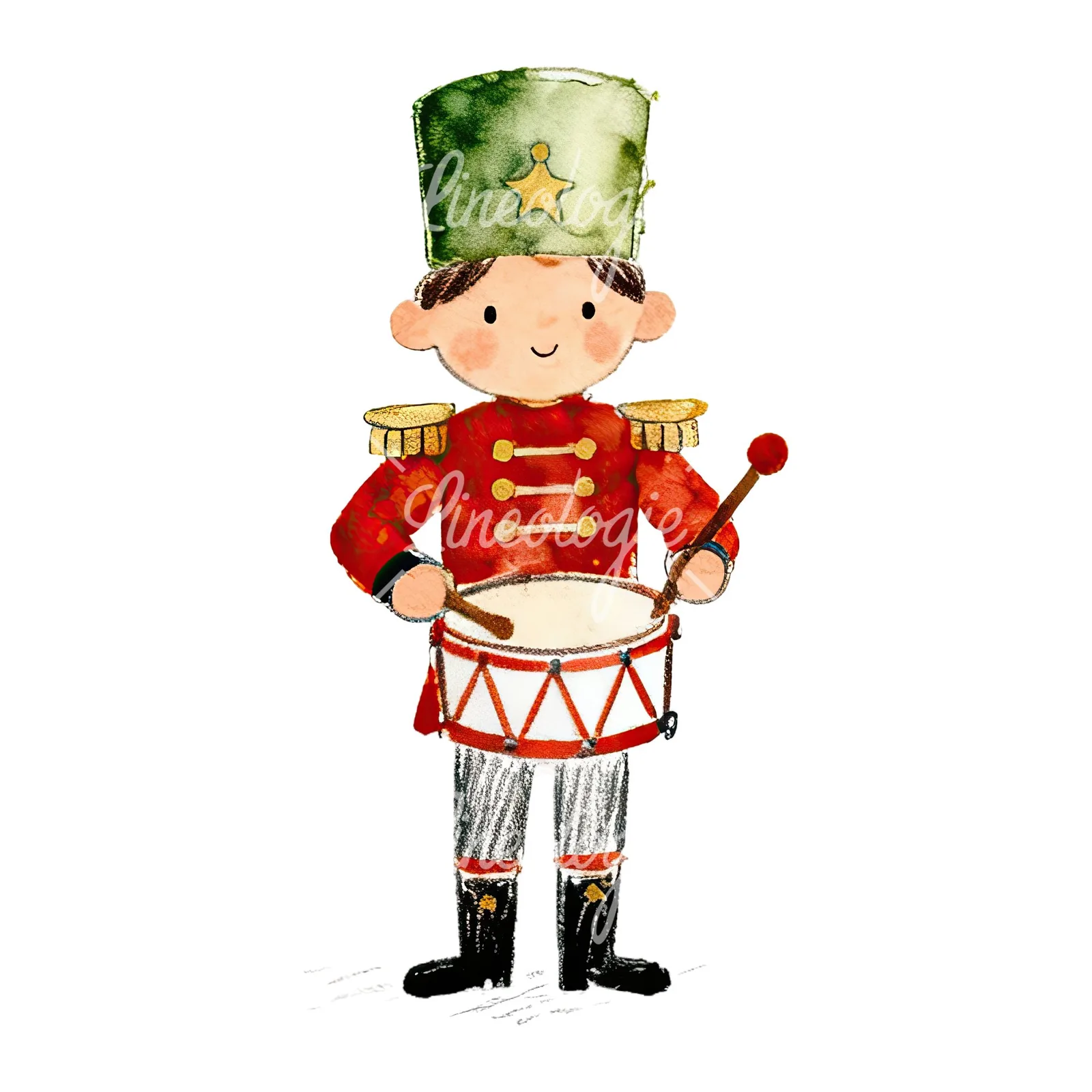 Watercolor festive little drummer boy clipart 5 of 9 on a white background (JPG)