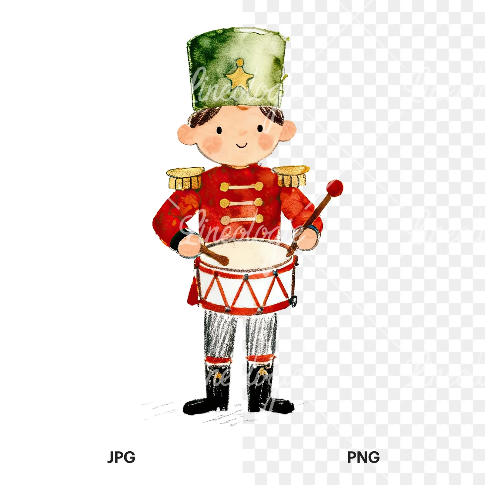 Watercolor festive little drummer boy clipart 5 of 9, as a JPG on white and a transparent PNG