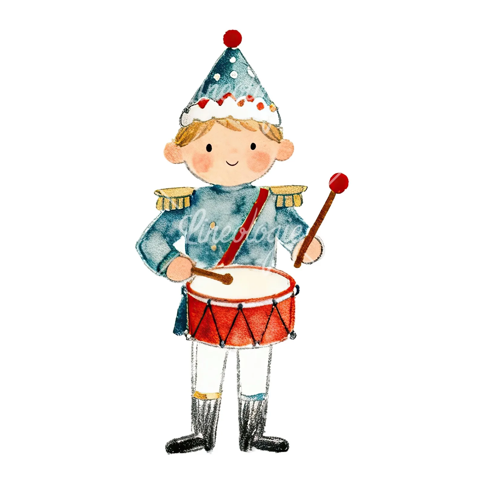 Watercolor festive little drummer boy clipart 6 of 9 on a white background (JPG)
