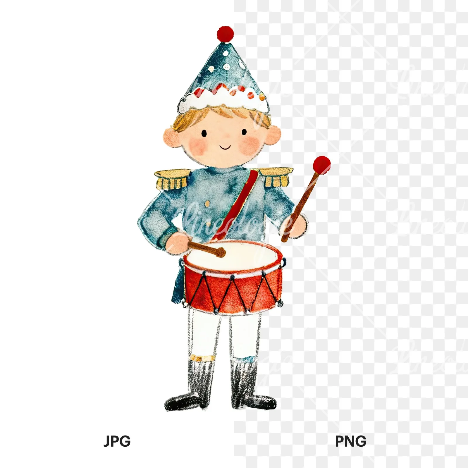 Watercolor festive little drummer boy clipart 6 of 9, as a JPG on white and a transparent PNG