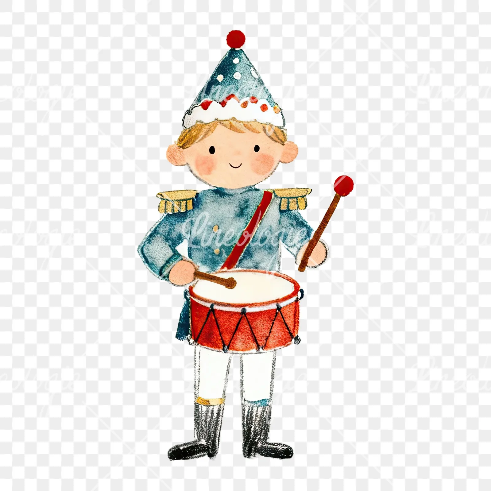 Watercolor festive little drummer boy clipart 6 of 9 on a transparent background (PNG)