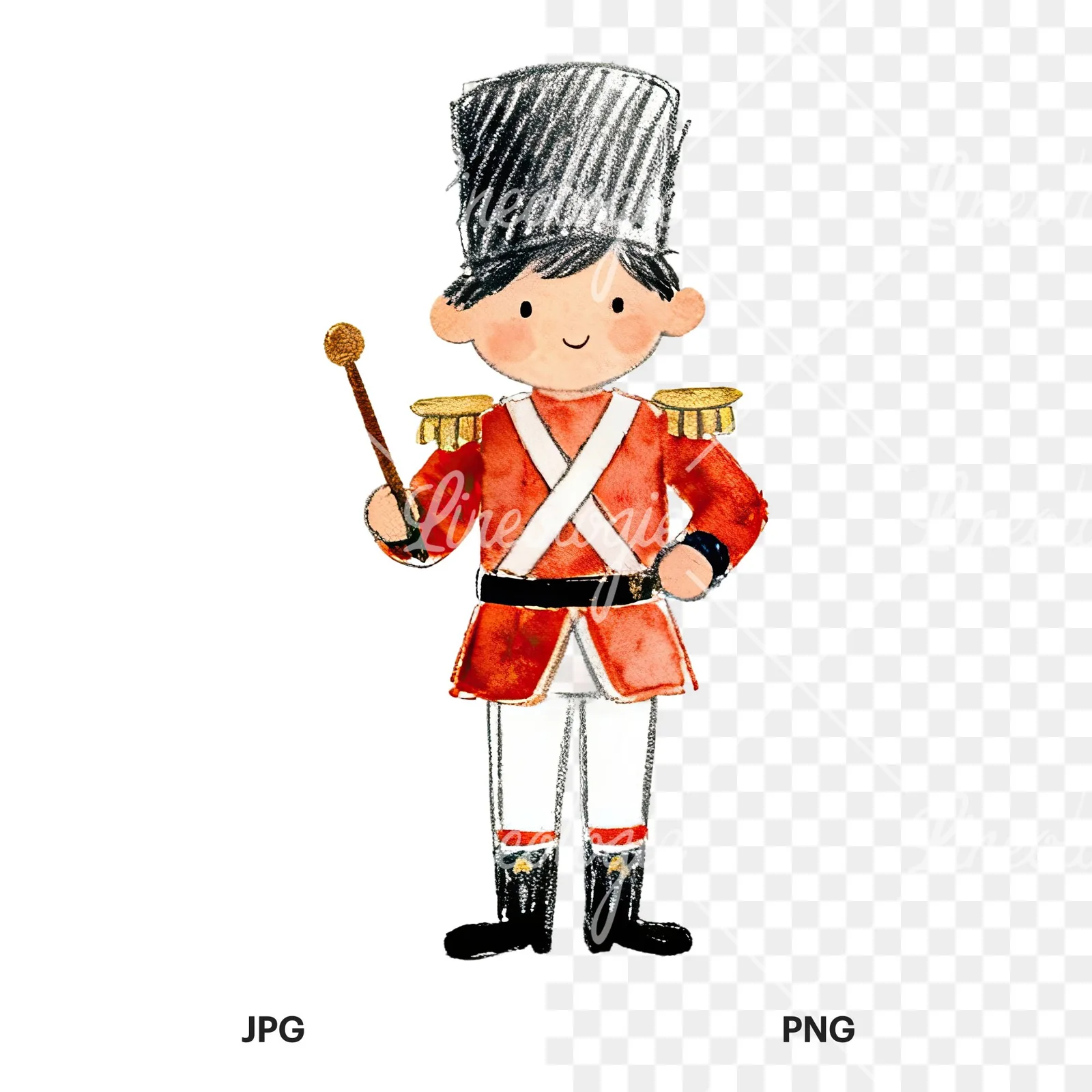 Watercolor festive little drummer boy clipart 7 of 9, as a JPG on white and a transparent PNG