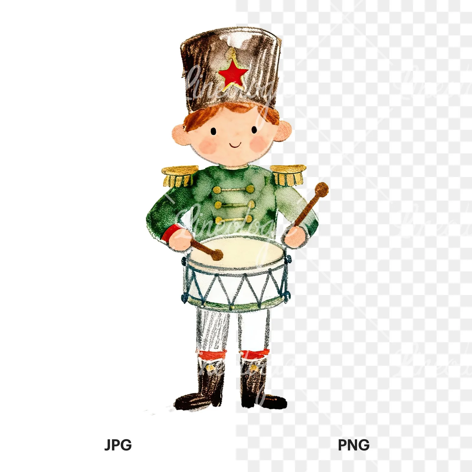 Watercolor festive little drummer boy clipart 8 of 9, as a JPG on white and a transparent PNG