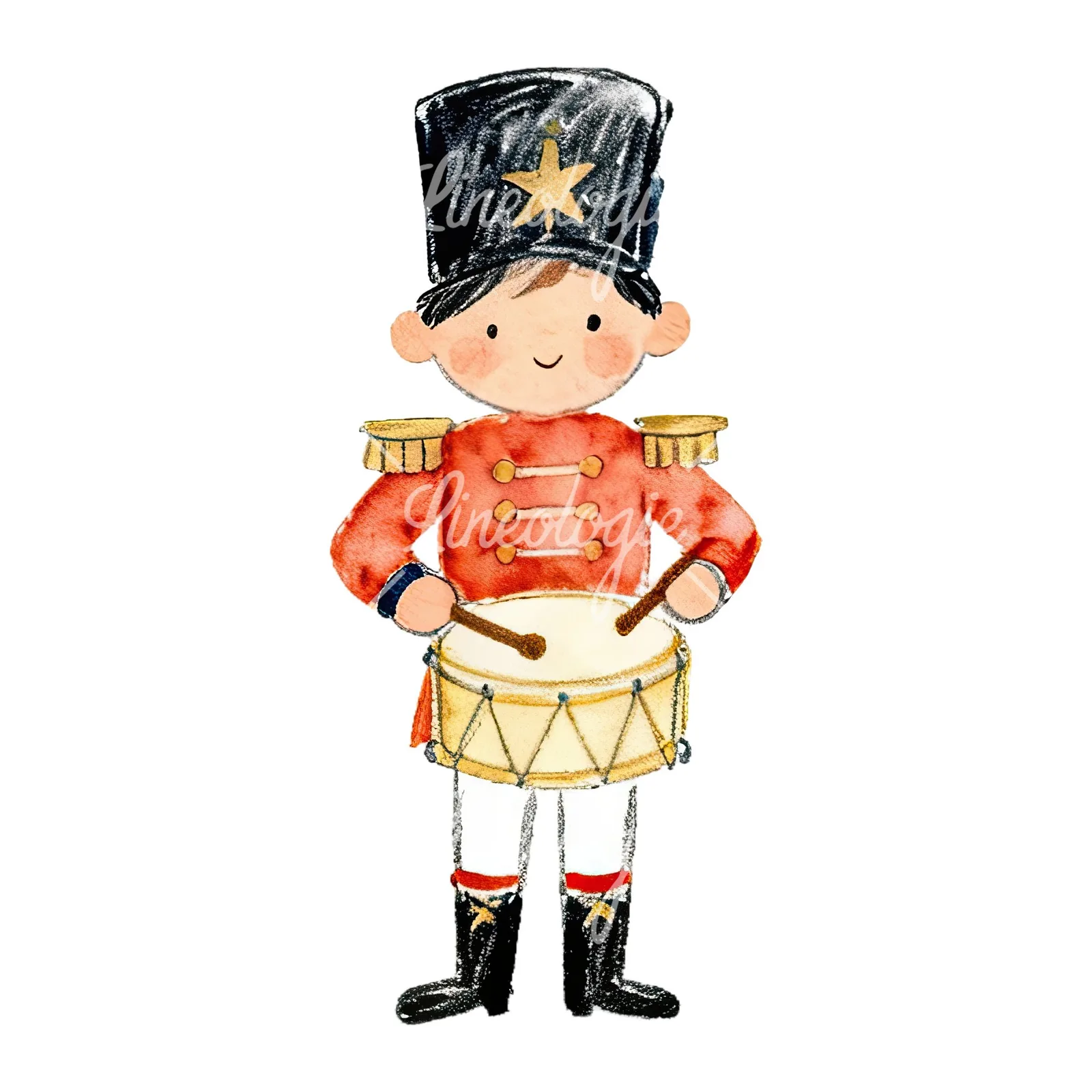 Watercolor festive little drummer boy clipart 9 of 9 on a white background (JPG)
