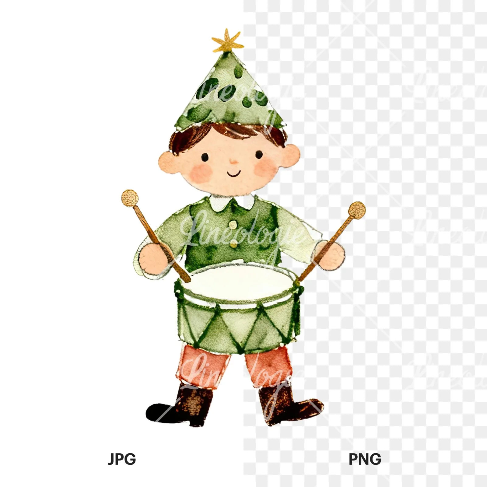 Watercolor colorful little drummer boy clipart 1 of 9, as a JPG on white and a transparent PNG