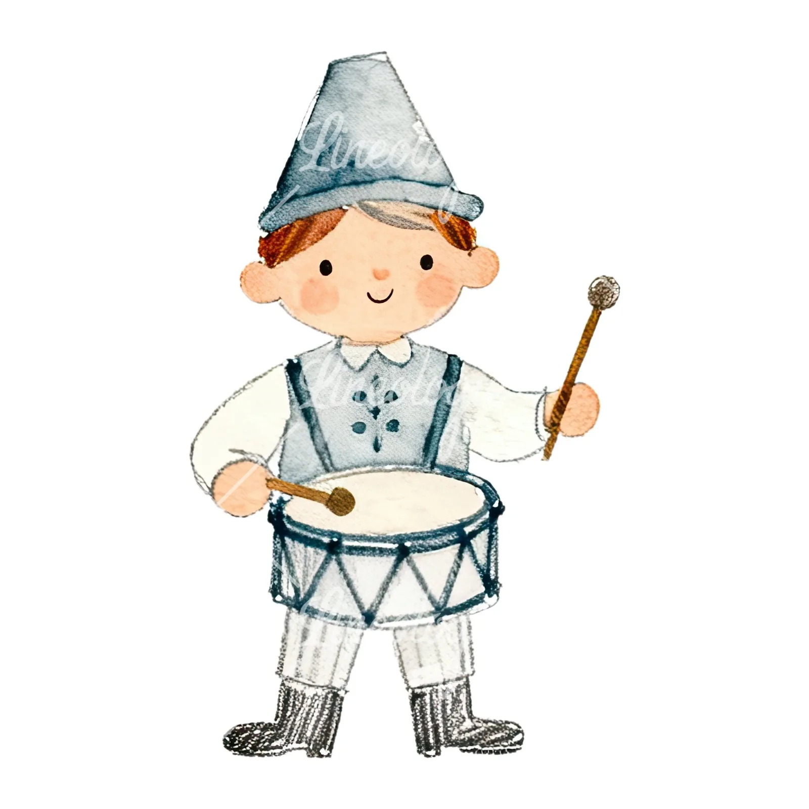 Watercolor colorful little drummer boy clipart 2 of 9 on a white background (JPG)